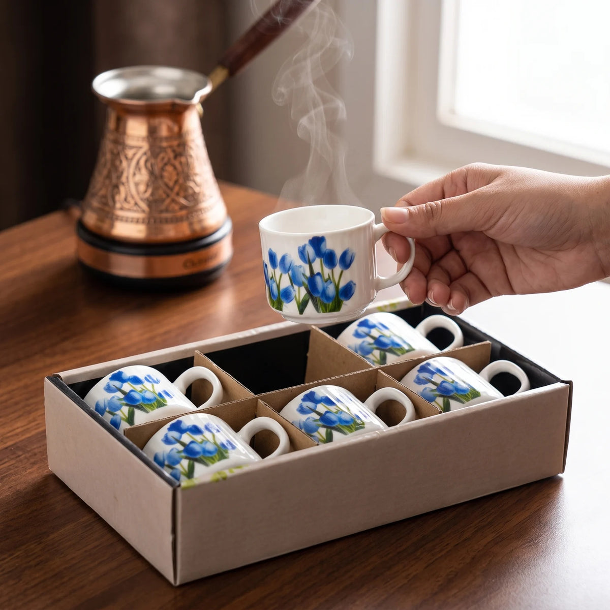 6 Pieces Porcelain Coffee Cup Set – Blue Floral Design | Matching Loop Handles and Protective Tray Packaging