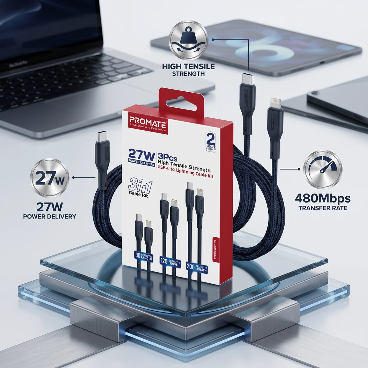 PROMATE CableKit-C USB-C to Lightning Cable Kit – 3 Pcs, 30cm, 120cm & 200cm | 27W Power Delivery | High Tensile Strength