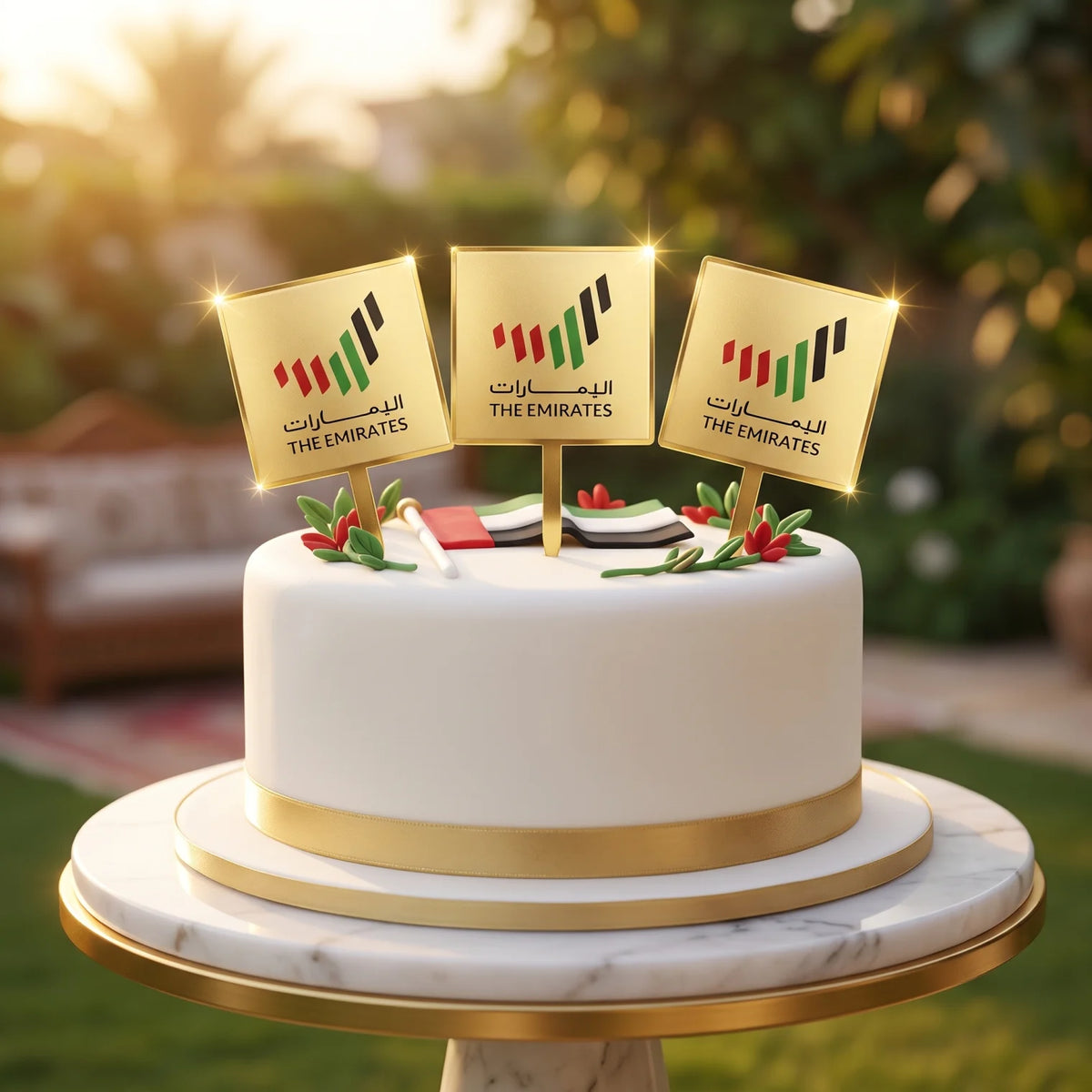 THE EMIRATES UAE National Day Cake Topper Set Pack of 3 Pieces – Gold Rectangular Flag-Style Cake Decorations for UAE Celebrations