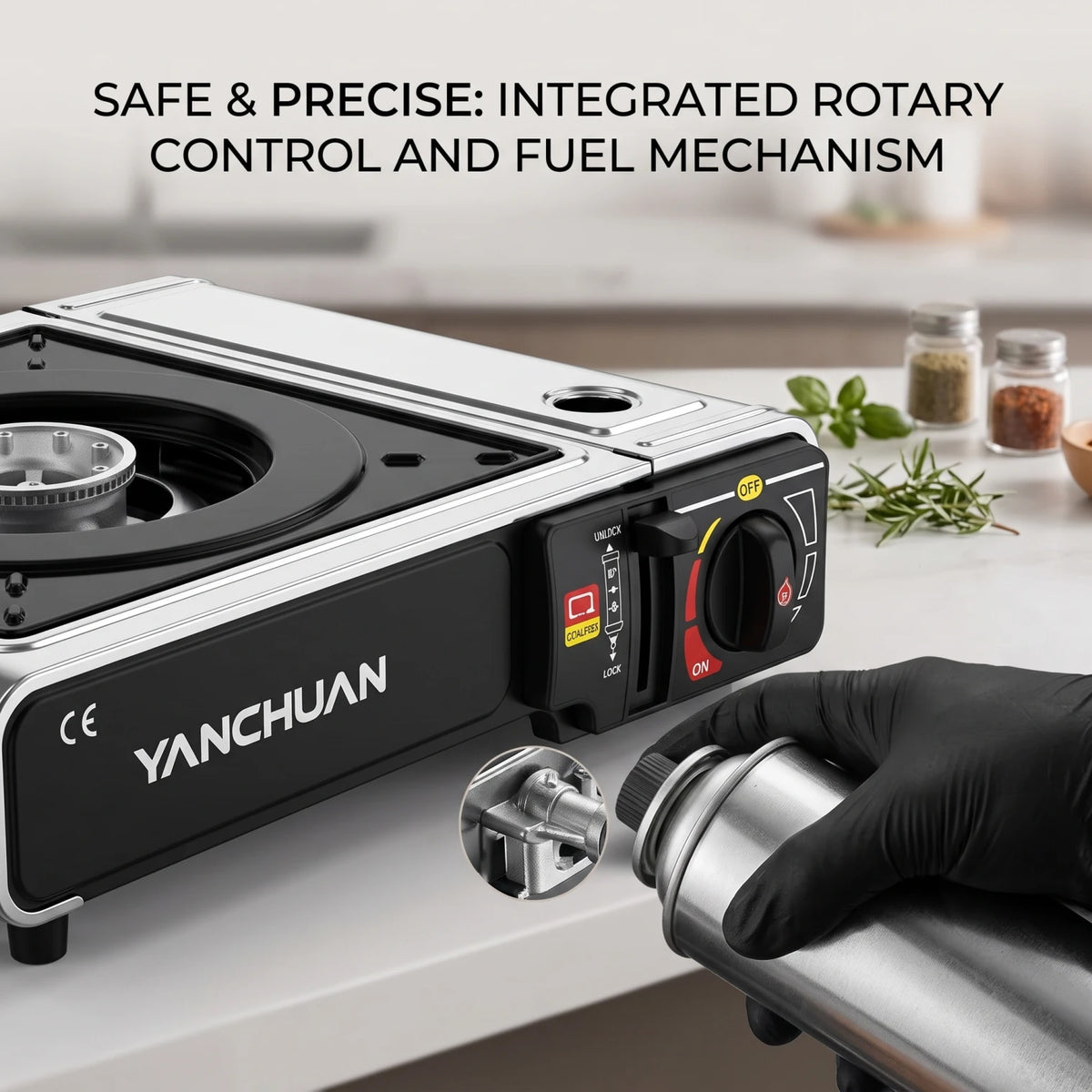 YANCHUAN Portable Gas Stove BDZ-155-A – High Heat Output, Single-Burner Black Cooktop with Rotary Control