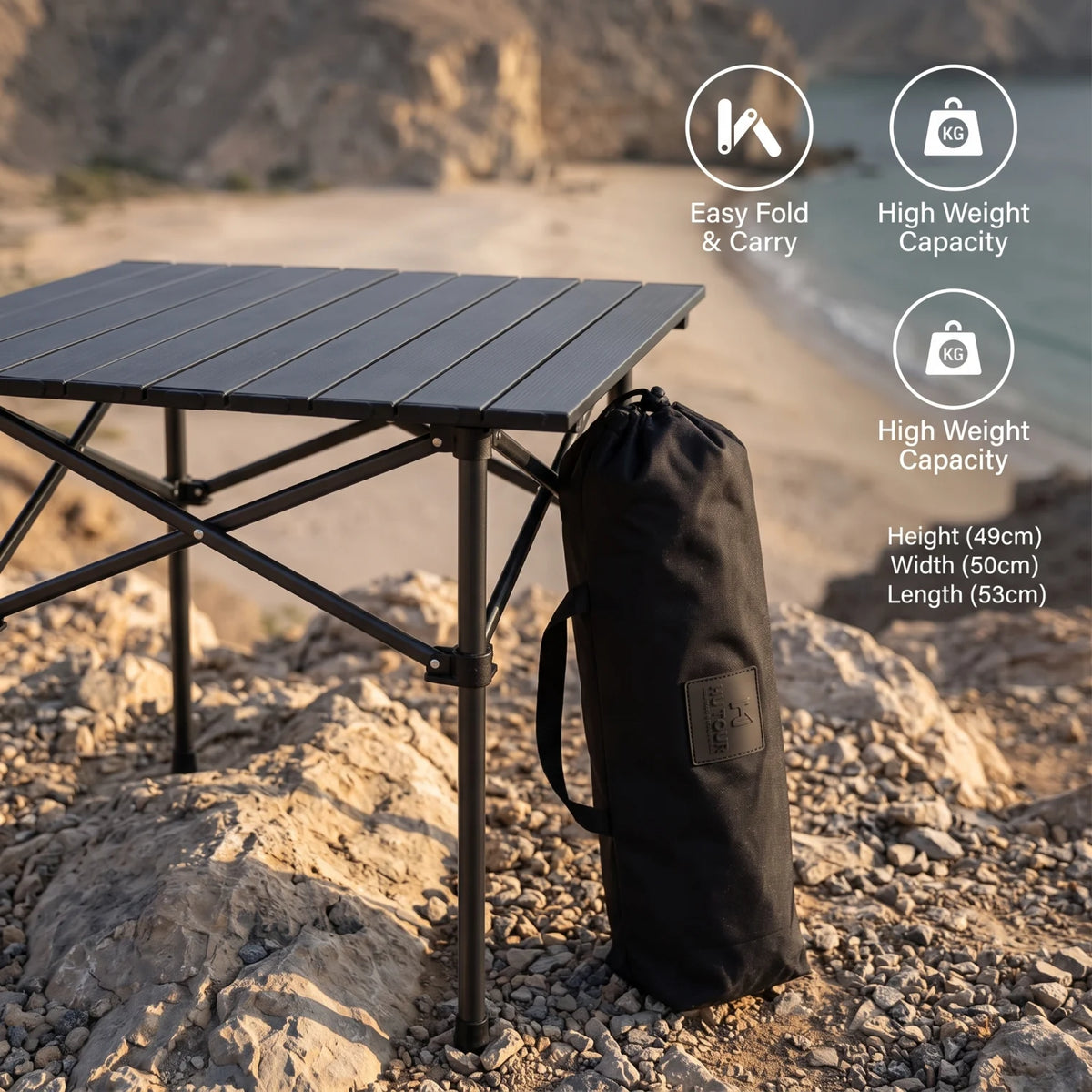 HU TOUR 53 Egg roll table black – Portable Folding Table | Slatted Top, Folding Legs, Support Braces & Rubber Feet | 53 × 50 × 49 cm