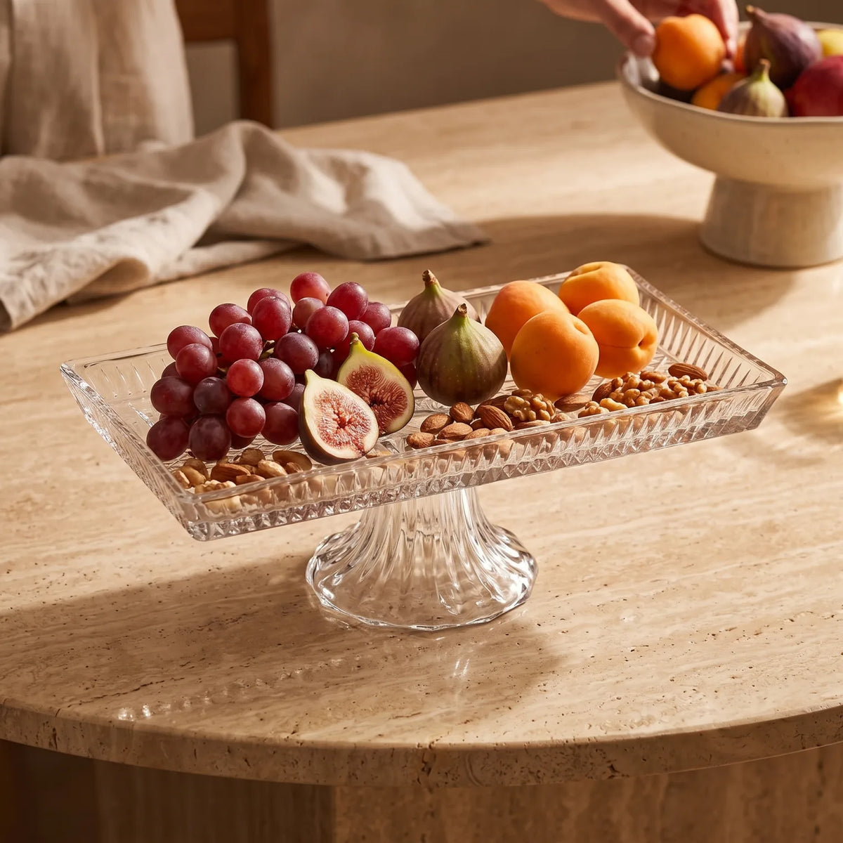 Rectangular Glass Fruit Stand – 27 x 14 x 9 cm | Embossed Texture | Pedestal Base for Fruits, Nuts and Desserts