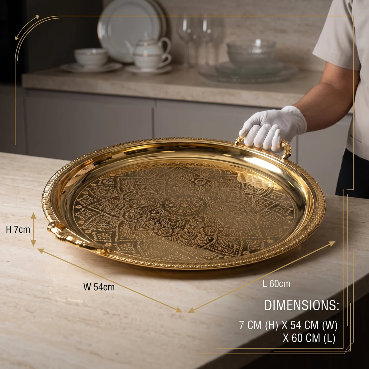 M.E.W Round Stainless Steel Serving Tray – Large & Extra Large | Mandala Floral Pattern | Decorative Handles | Silver, Gold & Silver - Gold - Gold / Large - Image 3