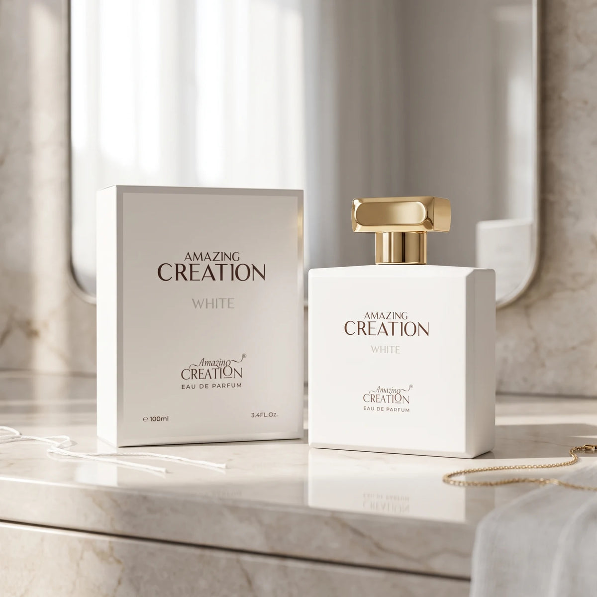 Amazing Creation White Eau de Parfum | Rectangular White Bottle with Gold-Tone Cap
