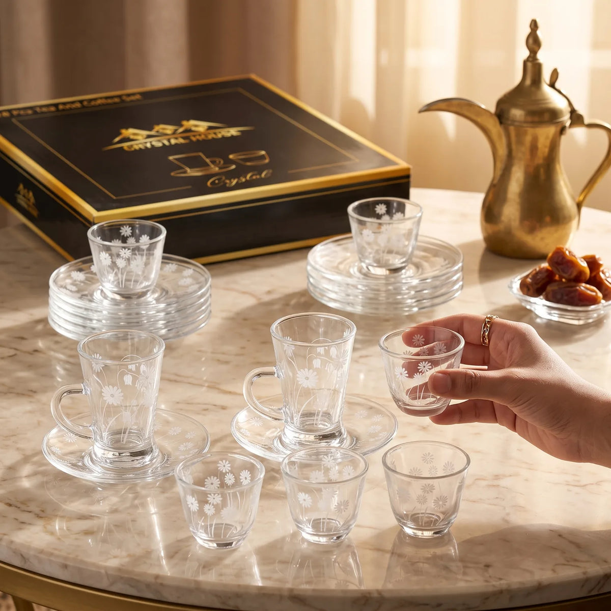 LITAIRE Crystal House 18-Piece Glass Tea & Arabic Coffee Set – 6 Tea Cups, 6 Saucers, 6 Coffee Cups with Floral Design and Presentation Box