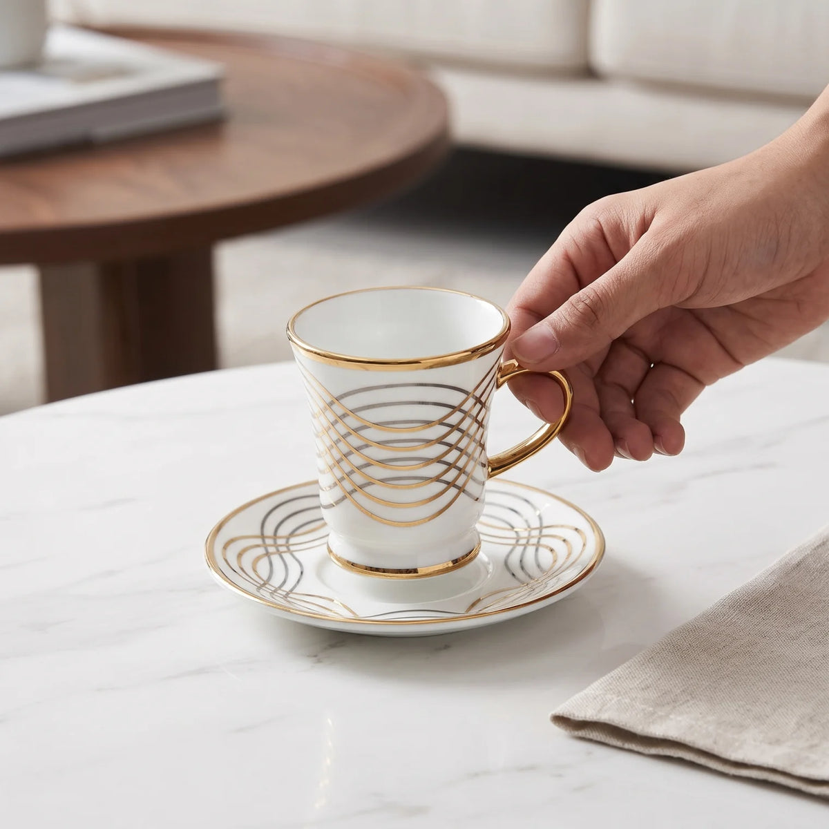 NGT 12 Pieces Fine Porcelain Cups and Saucers Set – 6 Cups & 6 Saucers | White Gold and Black Detail | Tea and Coffee Serving