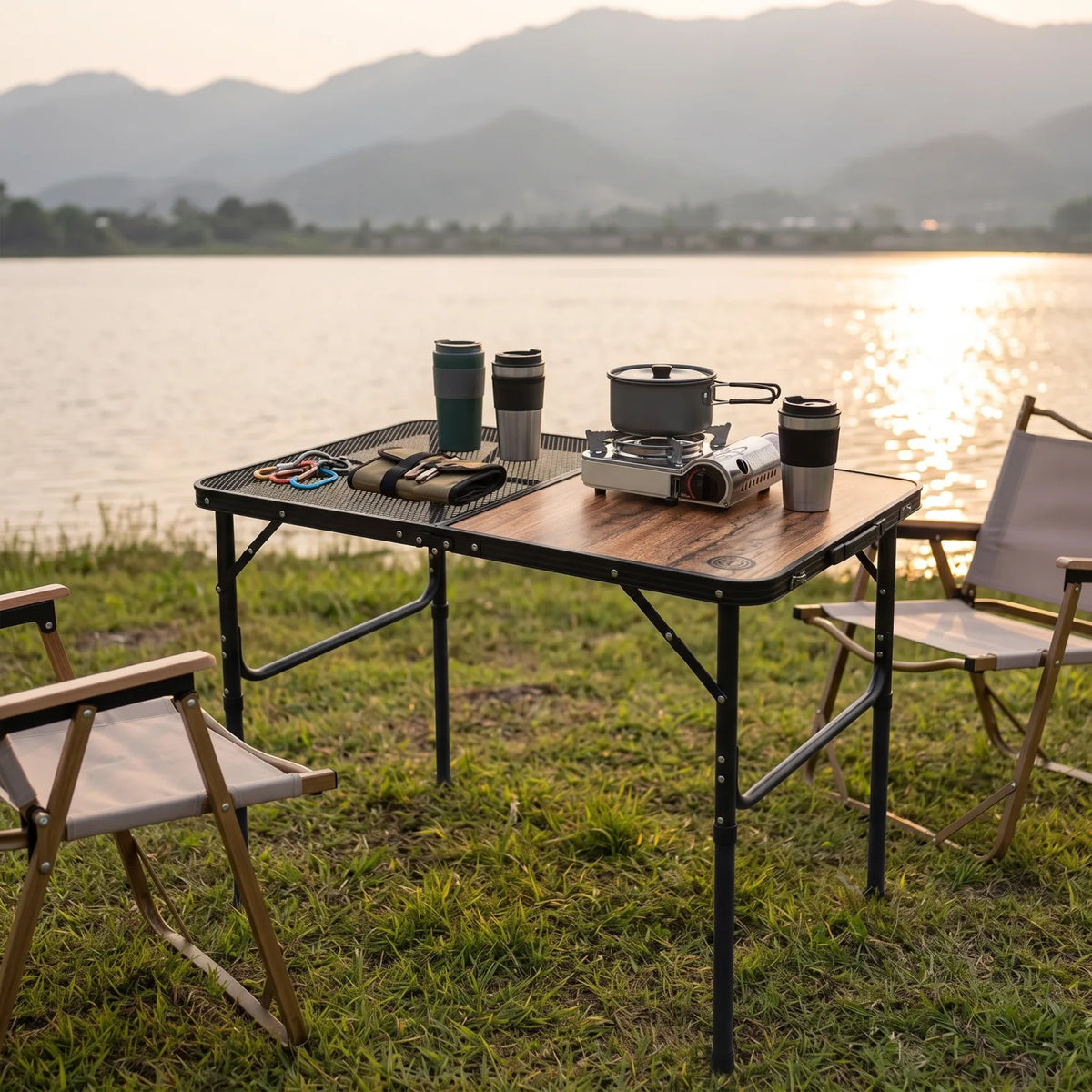 Omega 1 korea Lightweight Foldabe Camping Outdoor Table – Wood-Texture Section, Mesh Shelf, Folding Frame and Leg Extensions