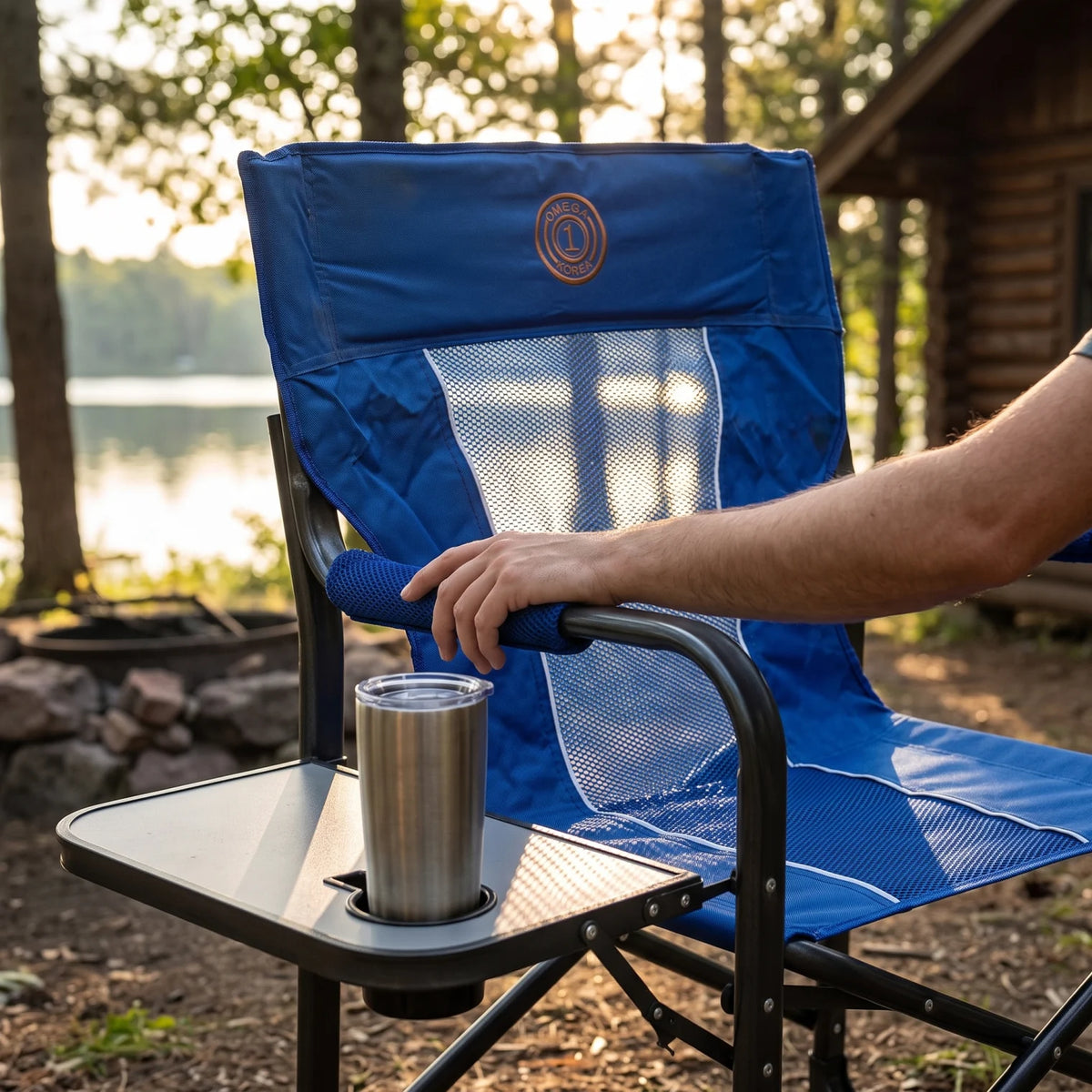 OMEGA KOREA 1 Heavy Duty Portable Director Camping Chair – Folding Outdoor Chair with Attached Side Table, Cup Holder & Mesh Backrest - Blue - Image 3