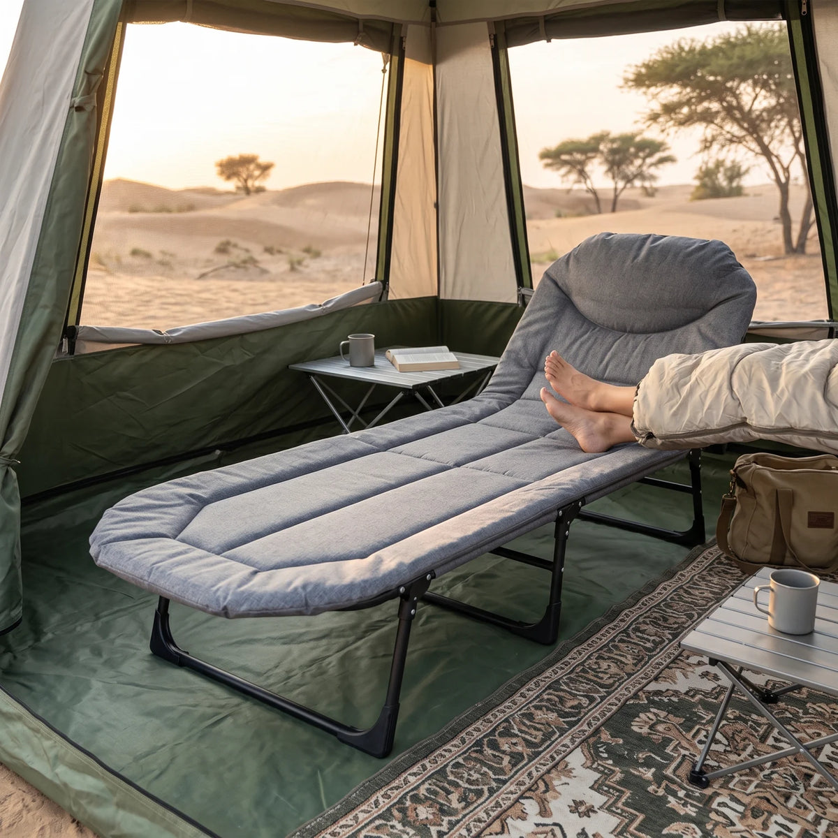 Foldable outdoor camping Bed grey – 190 cm Portable Folding Cot with Padded Surface, Raised Head Section and Black Frame