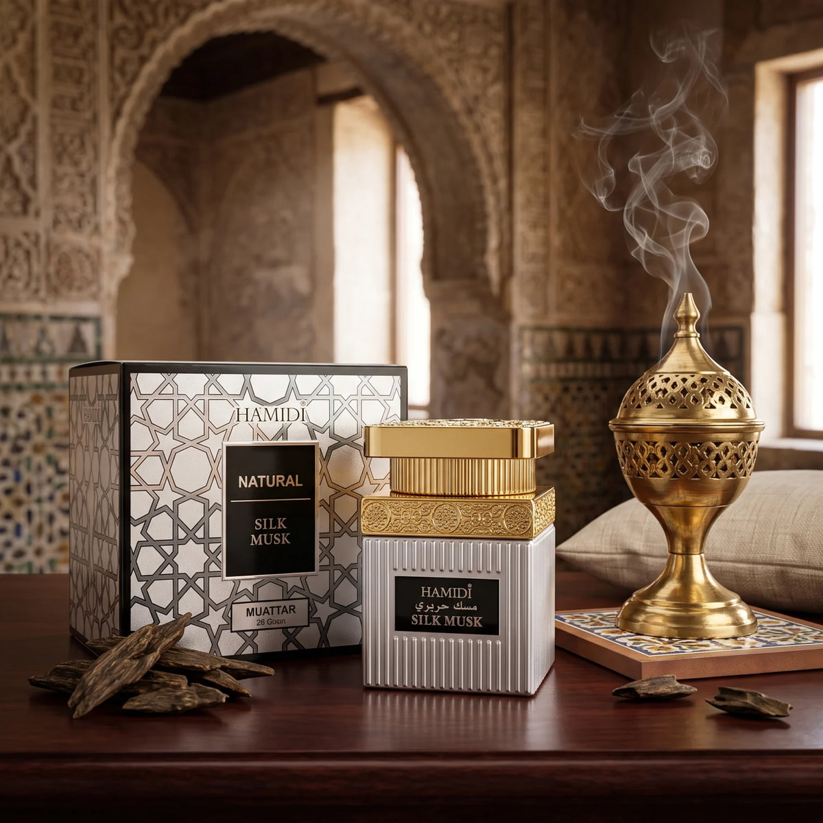 HAMIDI SILK MUSK Natural Muattar – 50 grams | Silk Musk Fragrance Perfume with Ornate Silver and Gold Packaging