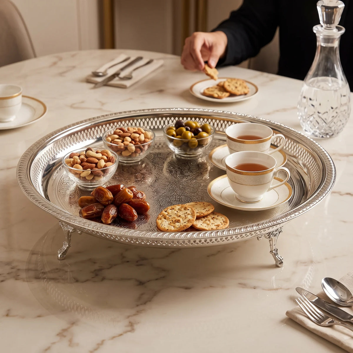 Raised Stainless Steel Round Serving Tray – 53cm Silver | Engraved Center Pattern | Ornate Pierced Rim | Decorative Feet