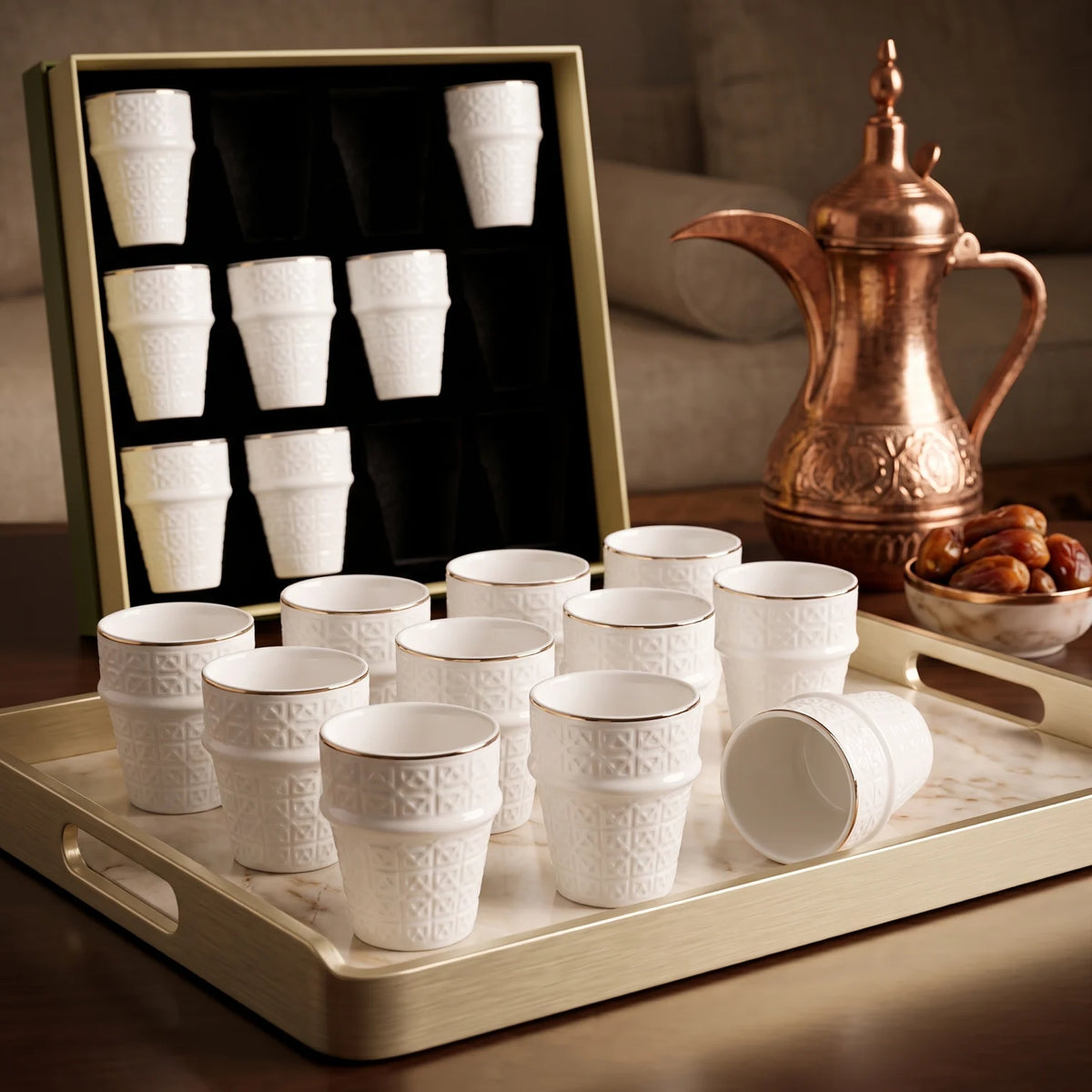 Dallah addar 12 pieces Arabic Moroccan bone china porcelain cups set – White Glossy Geometric Design with Metallic Rim