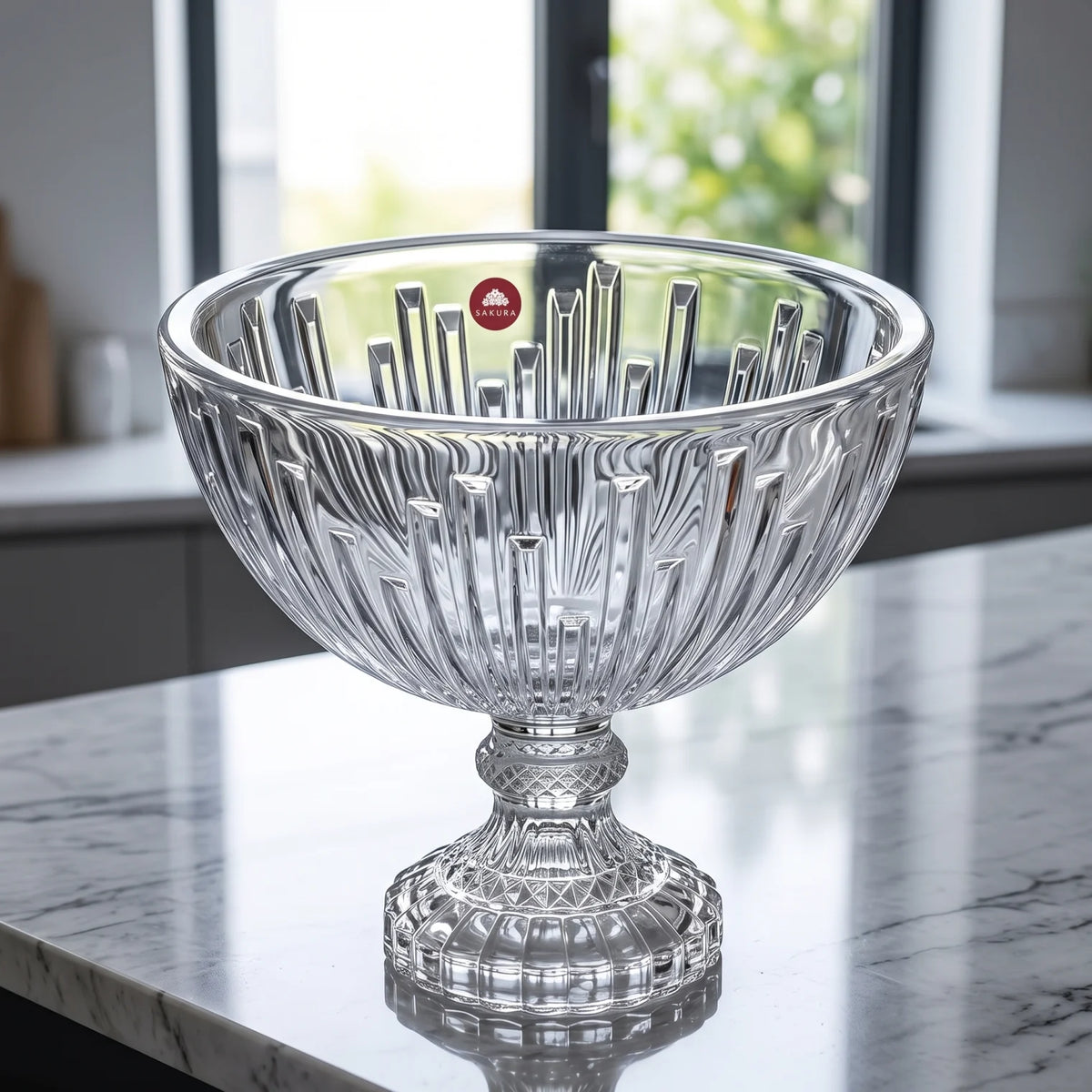 SAKURA Crystal Glass Footed Decorative Serving Bowl – 22 cm High x 23 cm Wide | Ribbed Design for Fruits, Desserts and Trifle