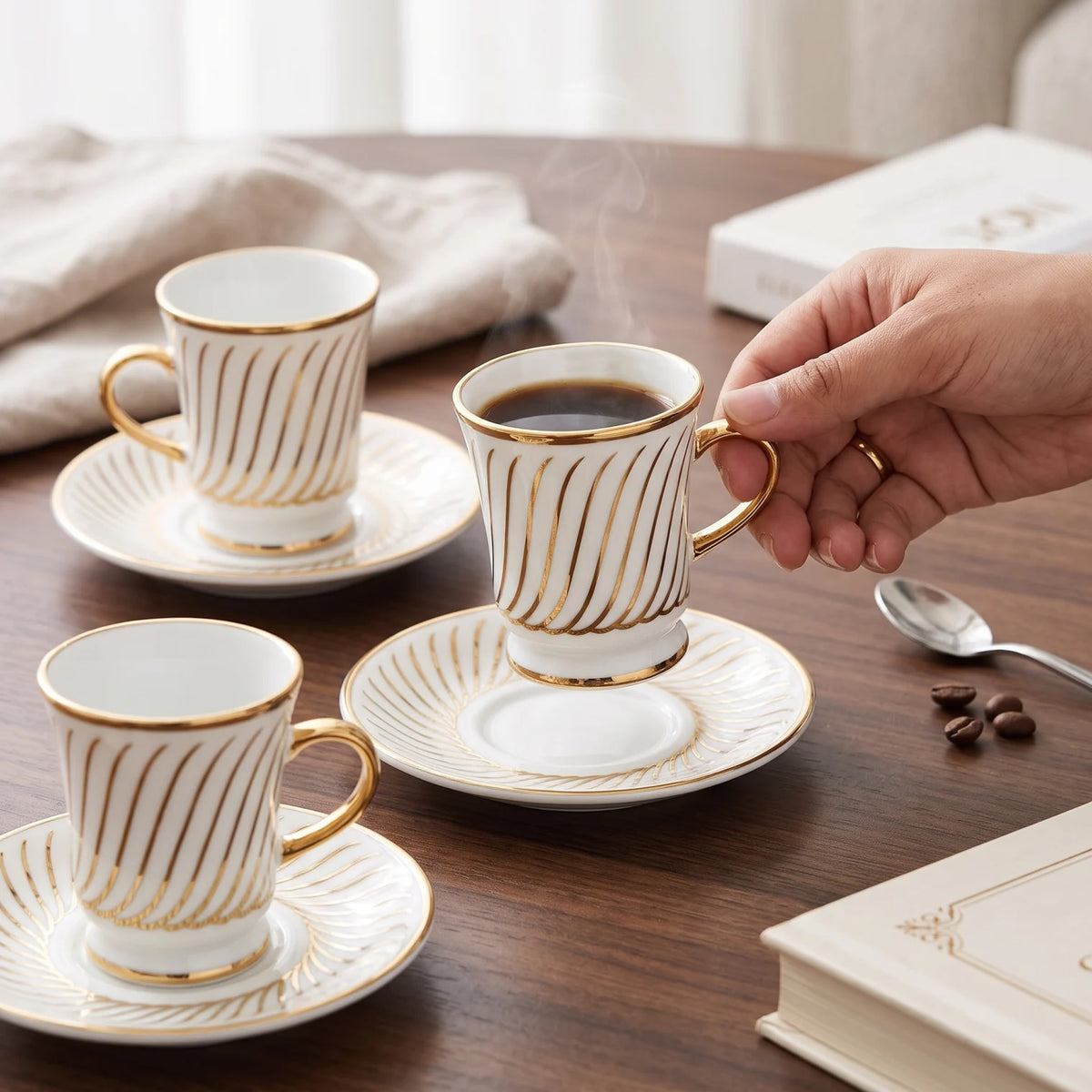 NGT Fine Porcelain Cups and Saucers Set – 12 Pieces | White Tea Coffee Cups with Gold-Colored Accents
