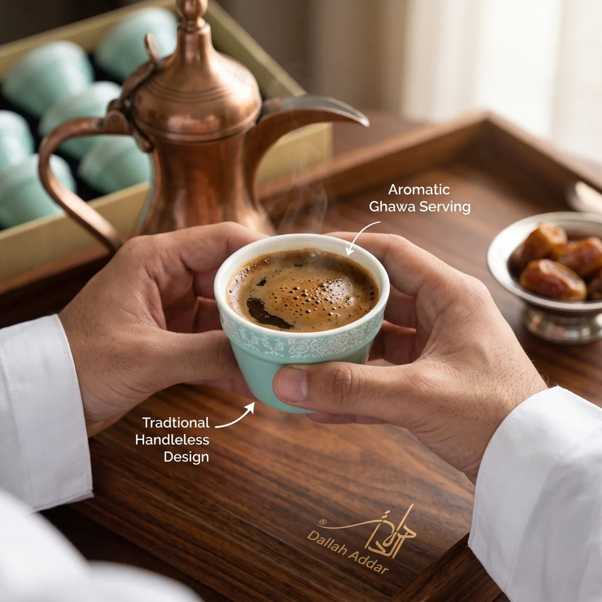 Dallah Addar Arabic Coffee Cups 12 Pieces Set – Handleless Mint Green Cups with White Ornamental Patterns