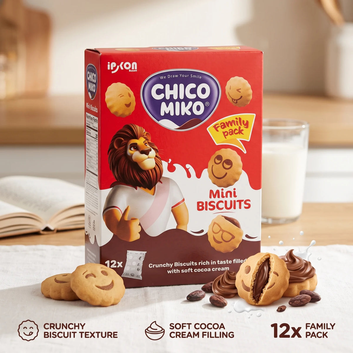 ipkon CHICO MIKO Mini Biscuits 12x Cocoa Cream Filled Family Pack | Crunchy Biscuits Rich in Taste