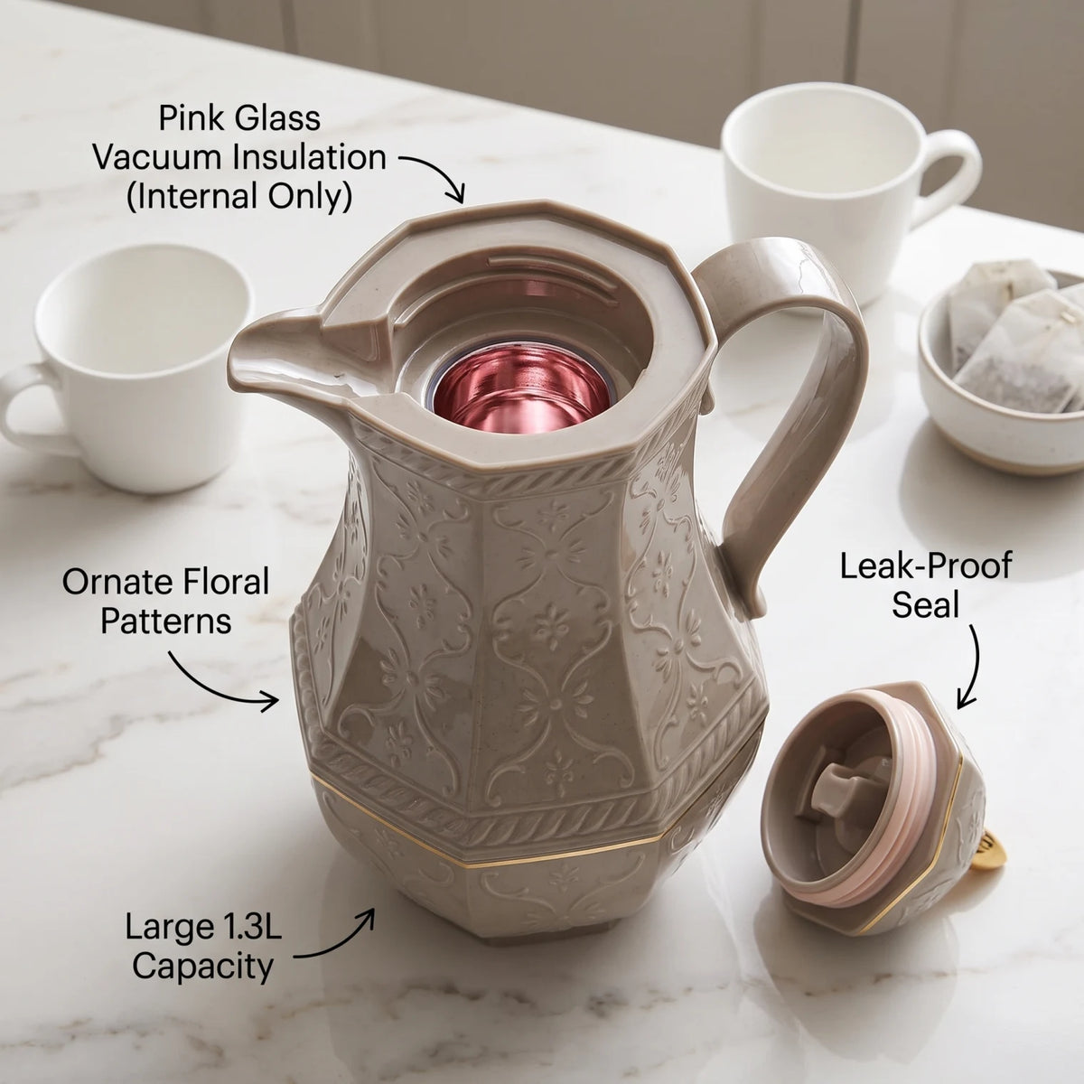 Rose Dark Grey Premium Vaccum Flask 1.3 Liters – Leak Proof, 12-Hour Hot & 24-Hour Cold, Tea and Coffee