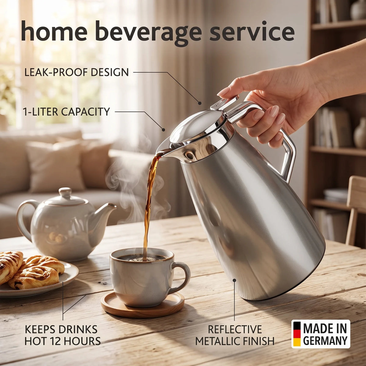 Emsa Plaza Vacuum Flask (Aroma Diamond) 1 Liter – Leak-Proof Tea & Coffee Flask | Keeps Drinks Hot 12 Hours and Cold 24 Hours