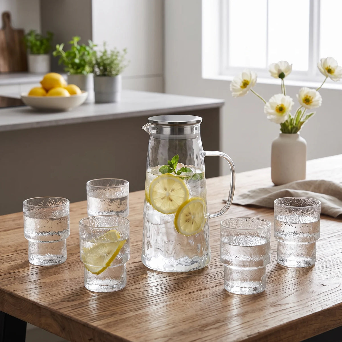 ROSE 7-Piece Glass Jug and Cups Set – Lidded Pitcher with Six Textured Drinking Glasses for Everyday Serving
