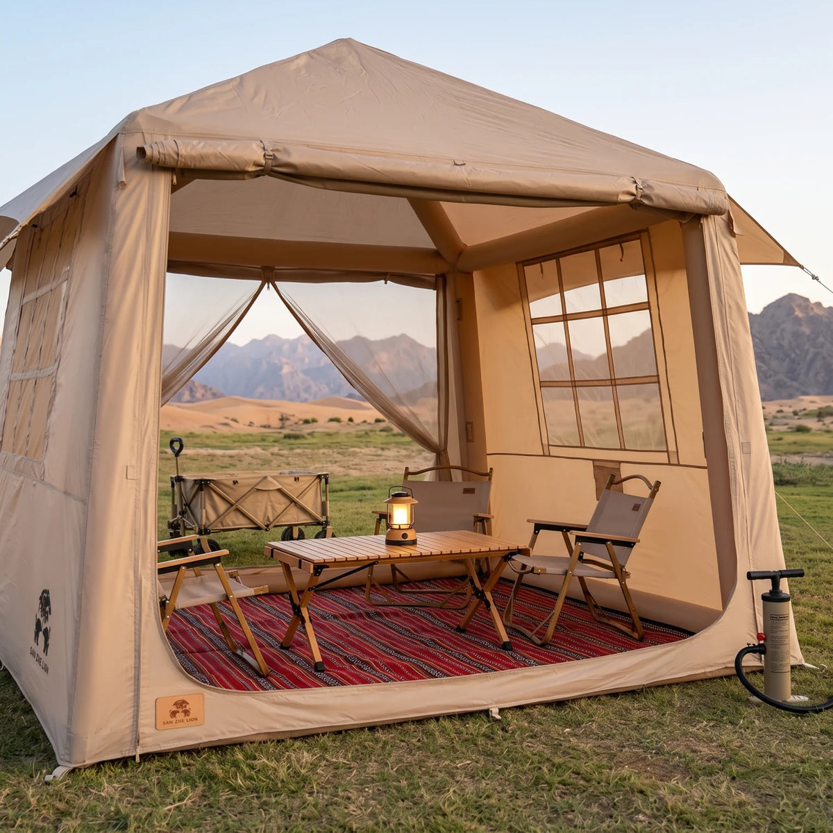 SAN ZHE LION Dark Beige Large Inflatable Tent – 195 x 220 x 220 cm | Mesh Windows, Door and Peaked Roof | Outdoor Camping Shelter