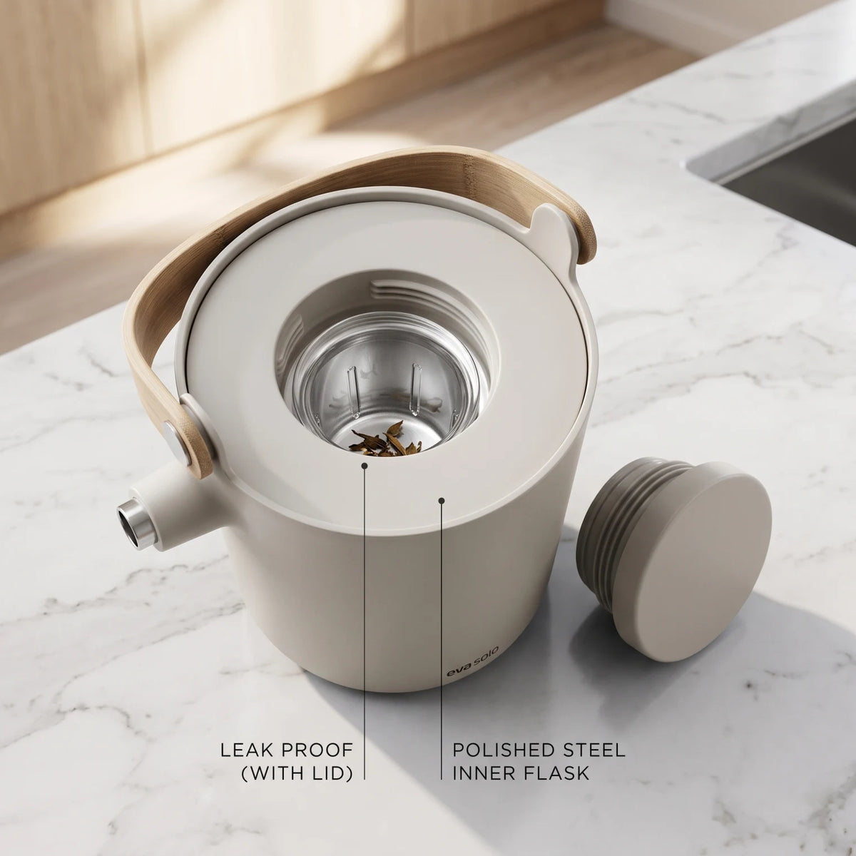 Eva Solo Nordic kitchen tea vaccum "Sand" – 1 Liter | Hot for 12 Hours, Cold for 24 Hours | Leak Proof Flask