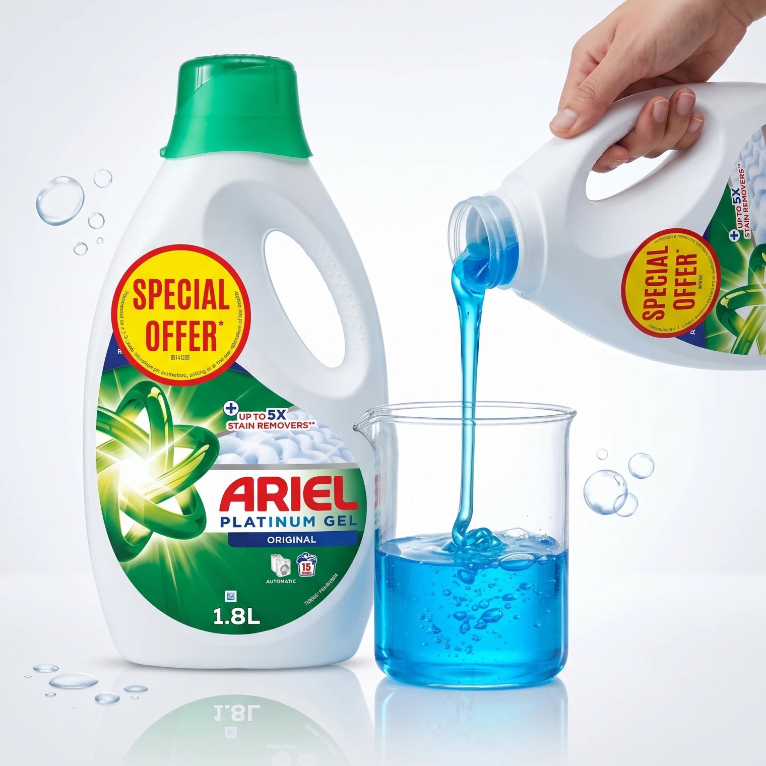 Ariel Platinum Gel Liquid Laundry Detergent Original 1.8 Liters – Up to 5X Stain Removers, Automatic Washing, 18 Washes