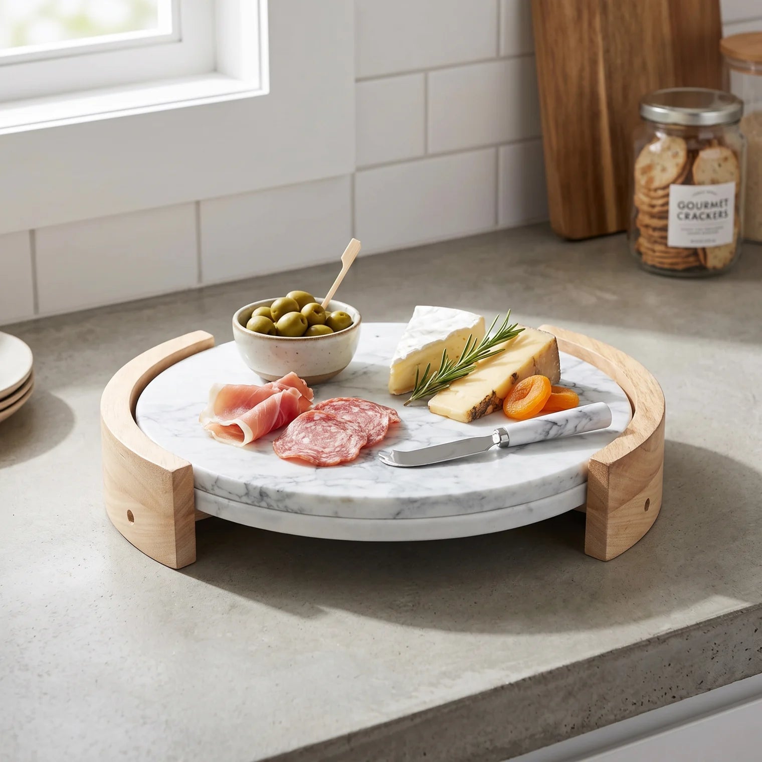 Round Marble Serving Tray with Wood Stand – 25 × 28 × 5 cm Elevated Display and Serving Tray