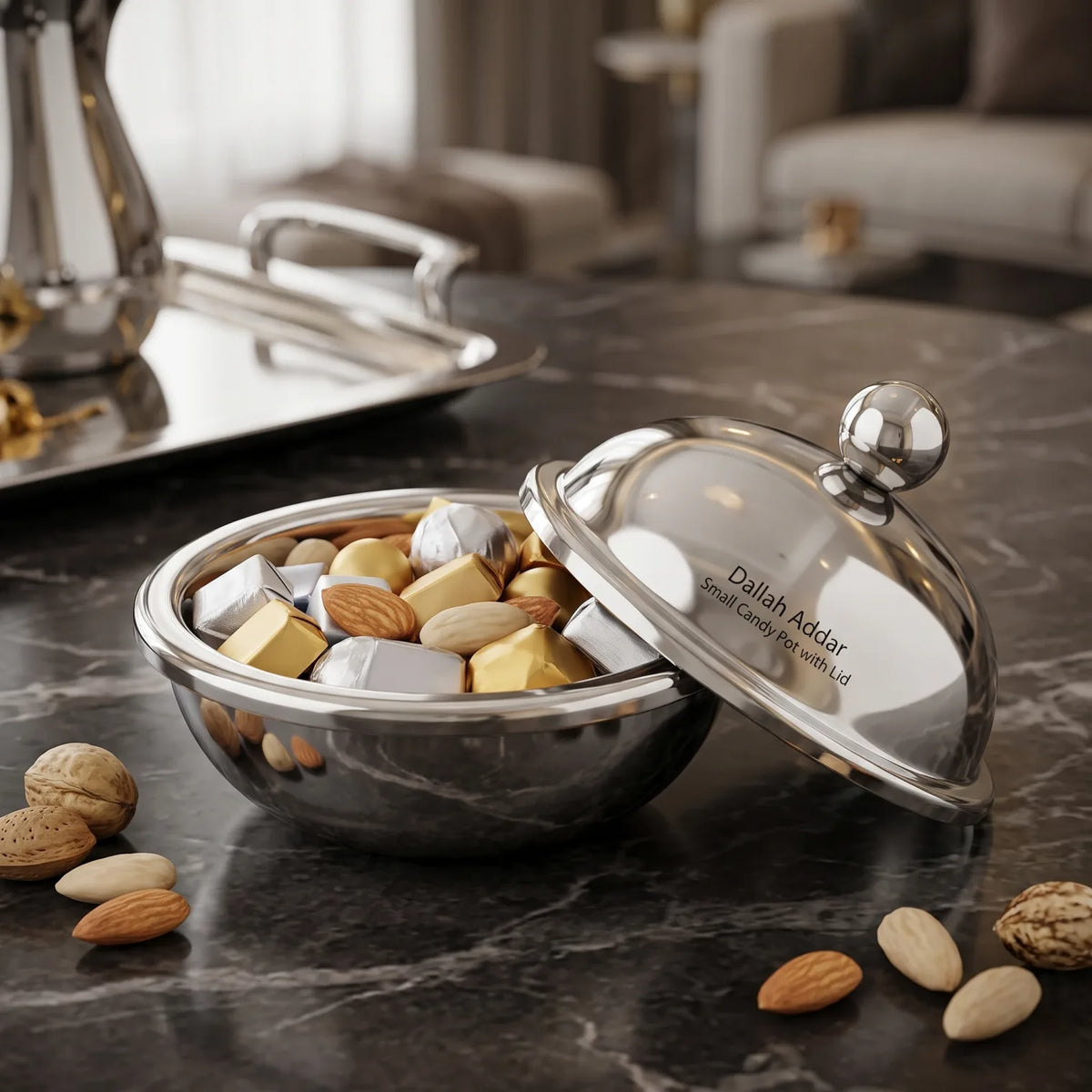 Dallah Addar Silver Platinum Steel Candy Pot with Lid – Small or Medium | Polished Round Covered Sugar Bowl for Candies and Nuts Serving - Small - Image 3