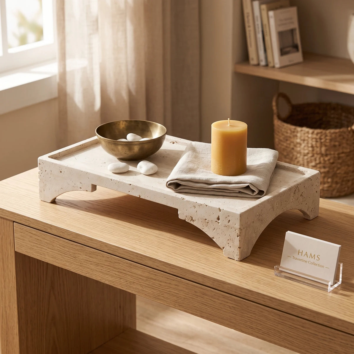 HAMS Natural Travertine Stone Tray Stand – 40cm with Raised Edges | Off-White Decorative Serving Stand