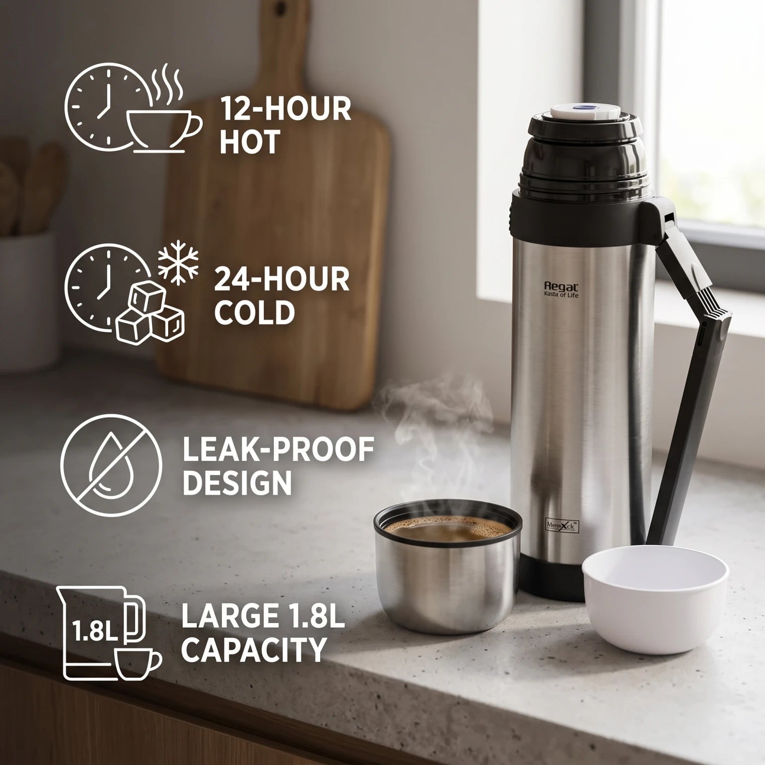 Regal Thermos Vacuum Insulated Flask 1.8L – 12-Hour Hot, 24-Hour Cold, Leak-Proof Design