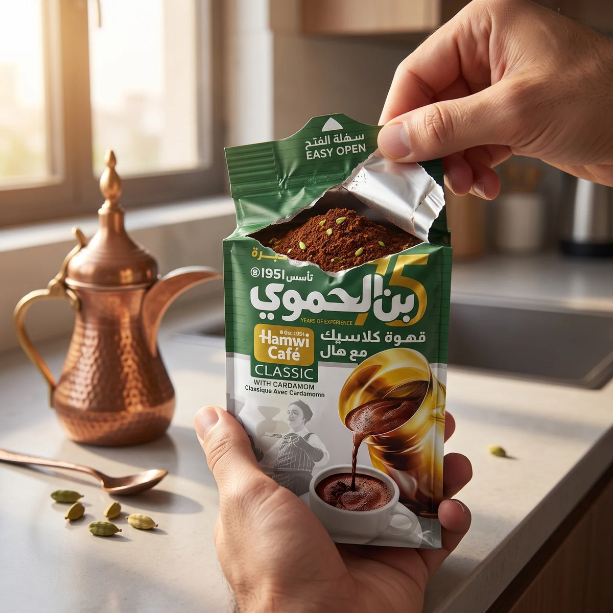 Hamwi Café CLASSIC Ground Coffee With Cardamom – 450 g | Easy-Open Pack | Cardamom-Flavoured Coffee for Everyday Brewing