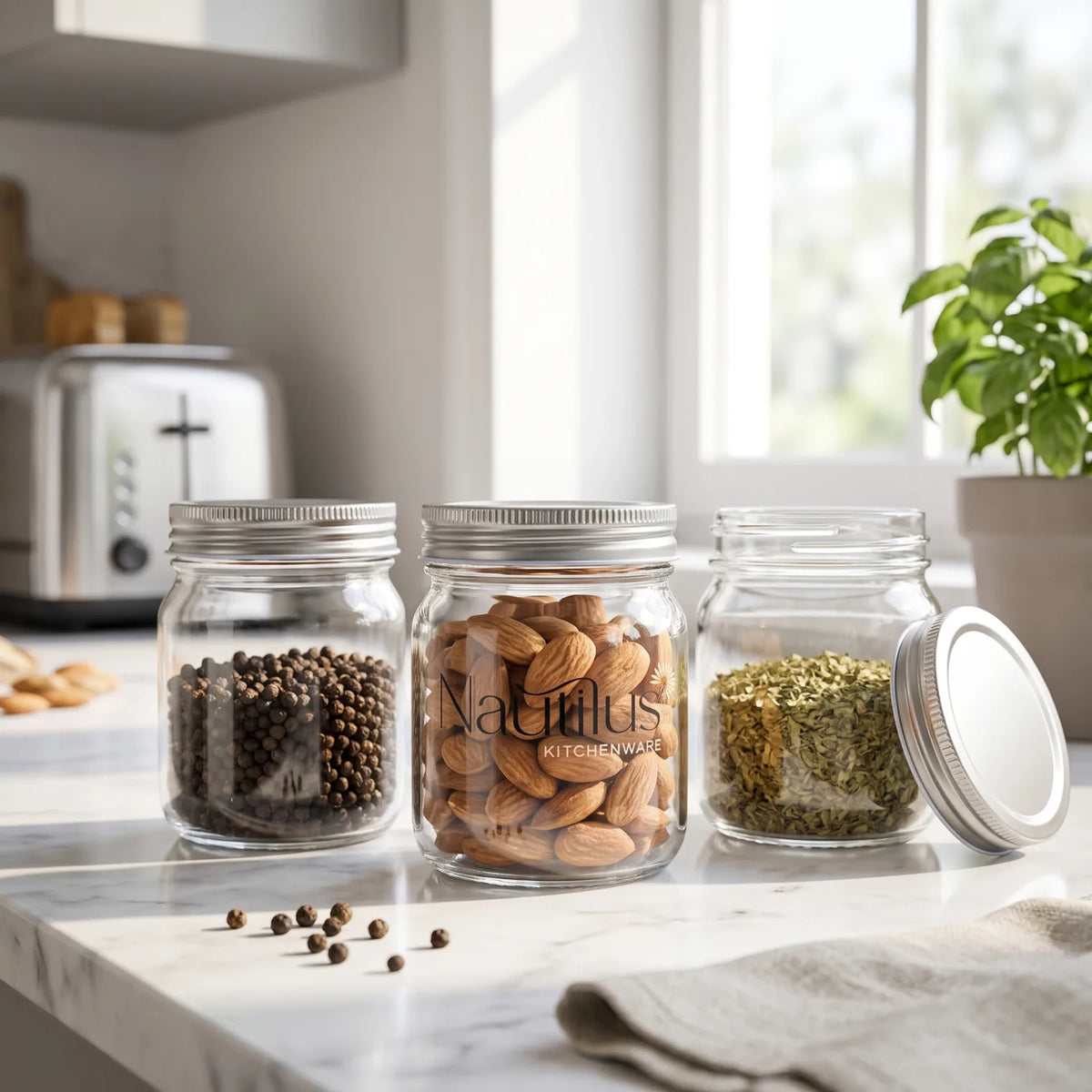 Natilis Glass Storage Jar with Steel Lid – 9 cm Height, 8 cm Width | Clear Cylindrical Kitchen Container with Ribbed Screw Lid