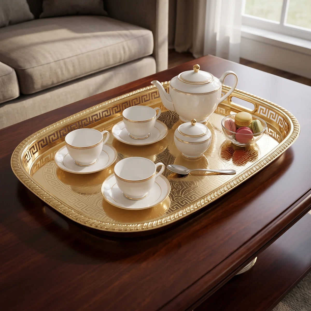 M.E.W Luxury Metal Serving Tray with Mirrored Center – Small, Medium or Large | Silver or Gold | Engraved Greek Key Border - Gold / Medium - Image 3