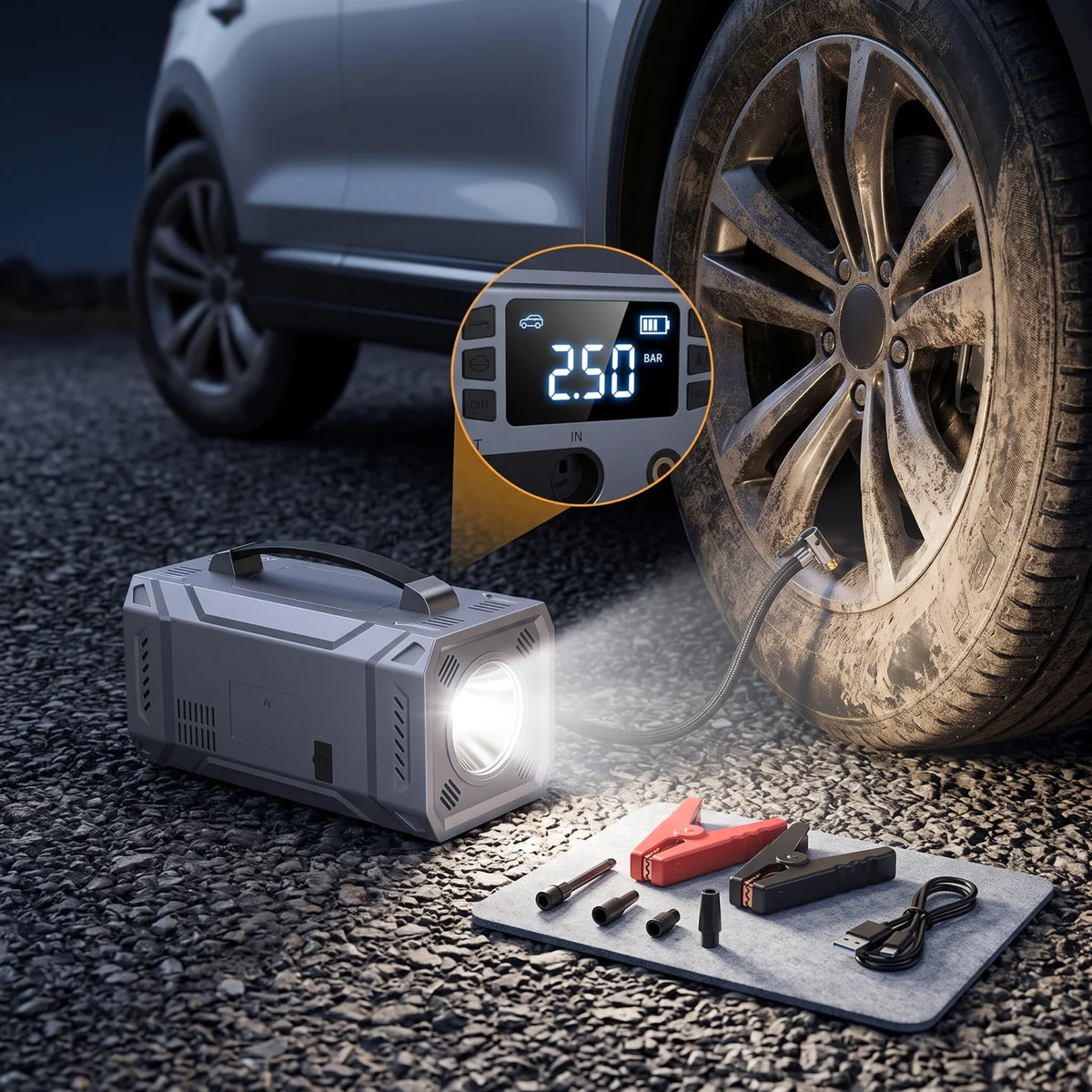 SIX-IN-ONE Car Jump Starter & Air Compressor – Digital Display, PSI/BAR Controls, Hose and Nozzle, 13 x 12 x 25 cm