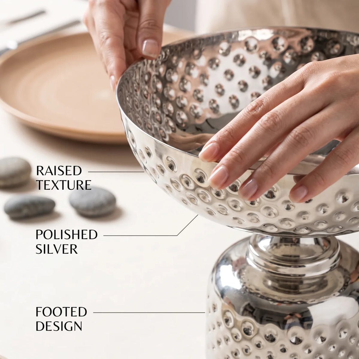 Silver Metal Decorative Fruit Bowl (Large) – 23 x 26 x 26 cm | Footed Design | Raised Textured Pattern | Tabletop Display