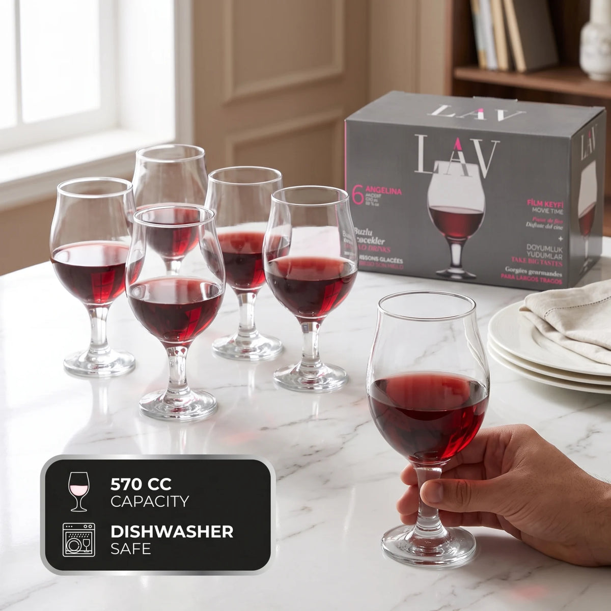 LAV 6 Pieces Set – 570 CC Clear Stemmed Wine Glasses, 183 mm Tall, Dishwasher Safe, Rounded Bowl Design, Made in Turkey