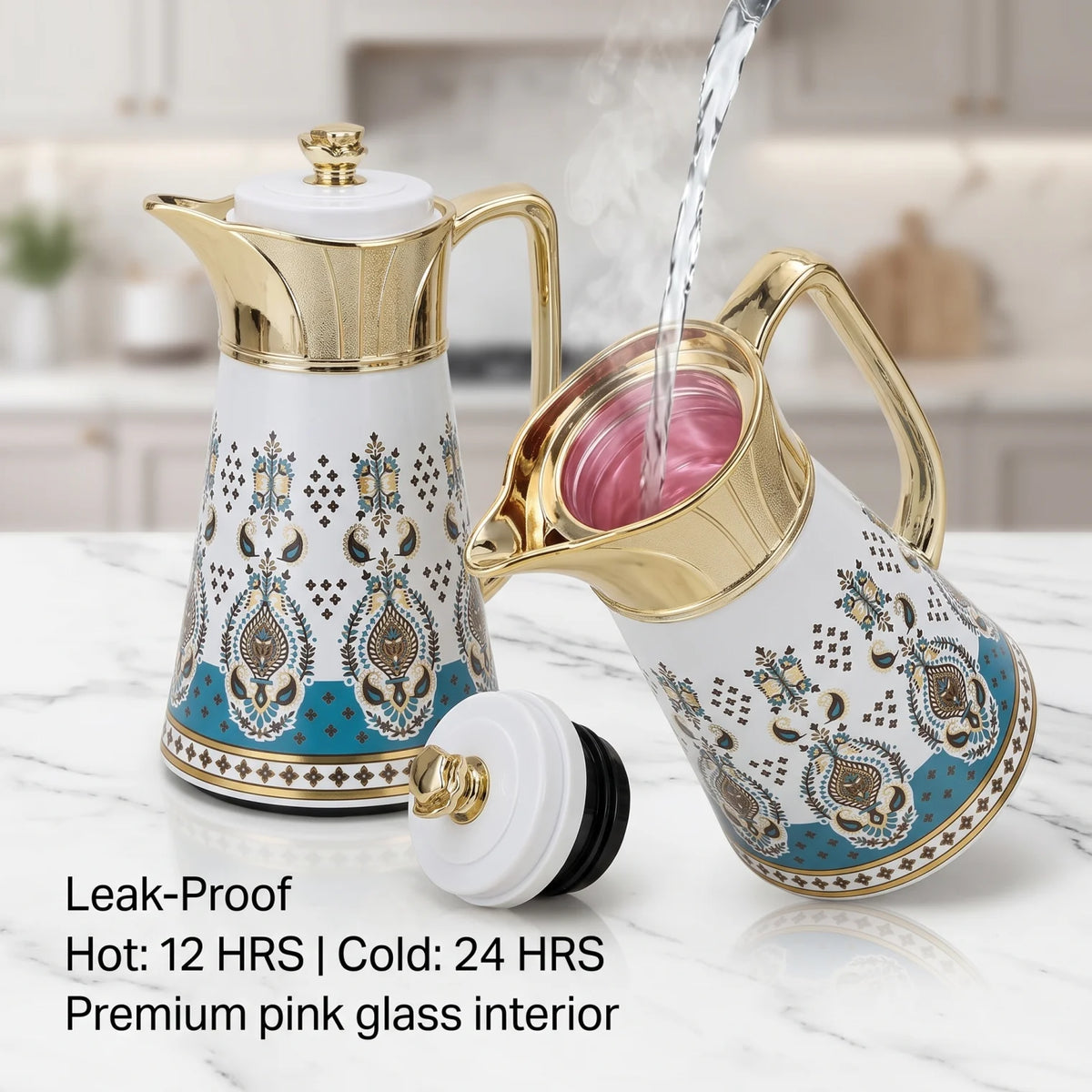 Regal 2 Piece White-Gold Arabic Ornate Blue Patterned Vacuum Jug Set – 0.5L + 1.0L | Tea & Coffee