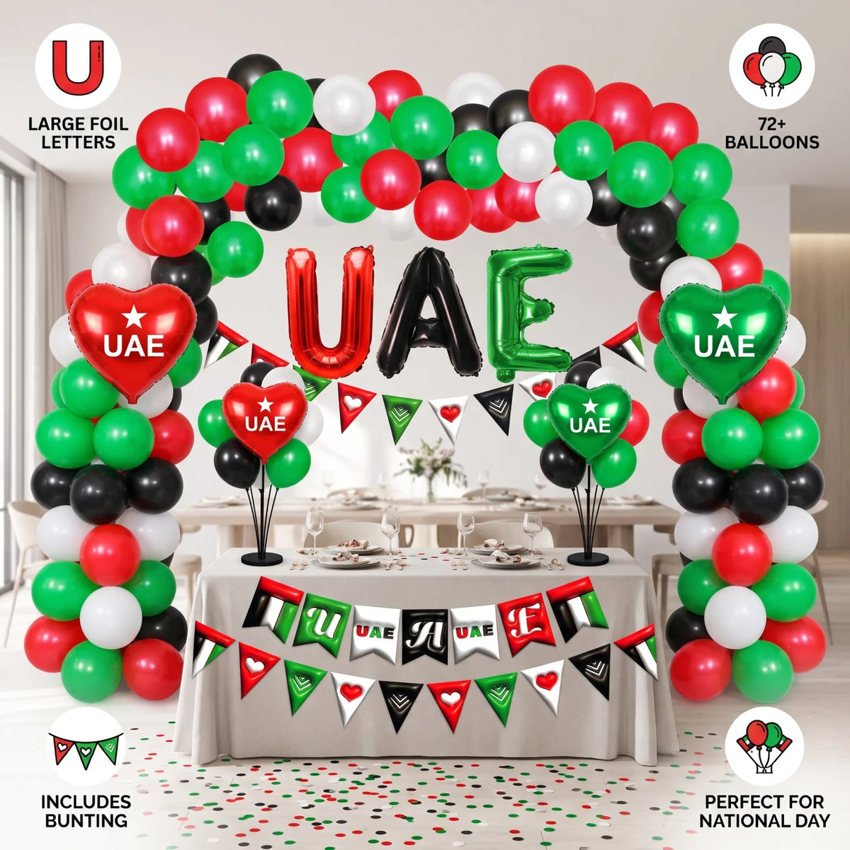 UAE national day baloon set – Red, Green, Black & White Balloons with UAE Letter Balloons and Flag Bunting