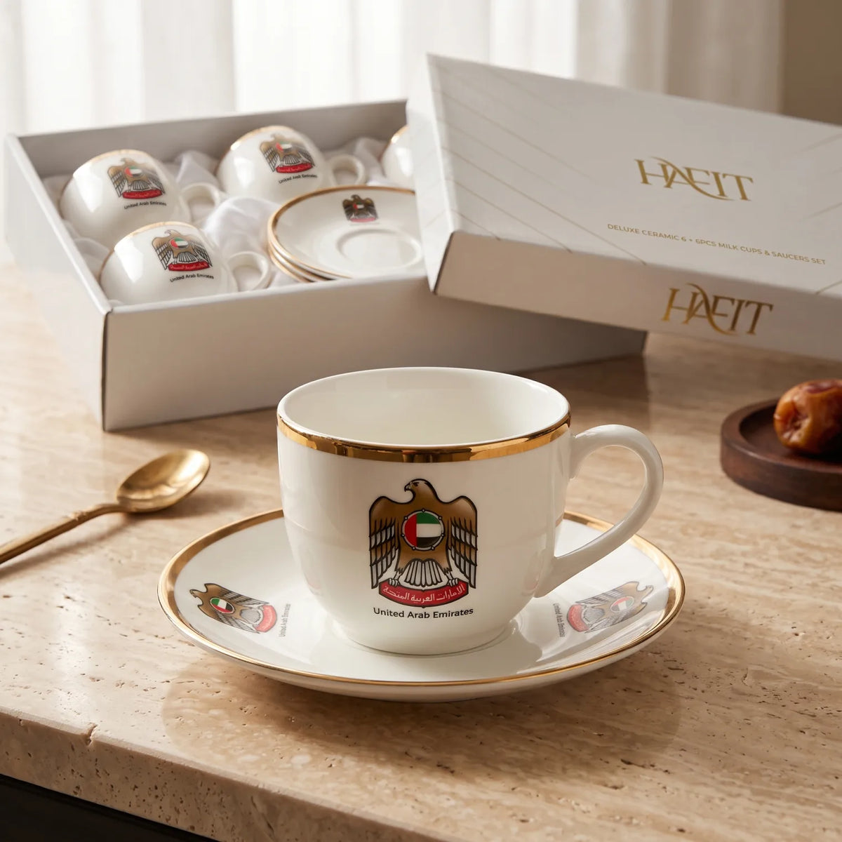 HAFIT Ceramic 12-Piece Cups and Saucers Set – 6 Cups & 6 Saucers | White Glossy Finish with Gold Trim, UAE Emblem, Presentation Box