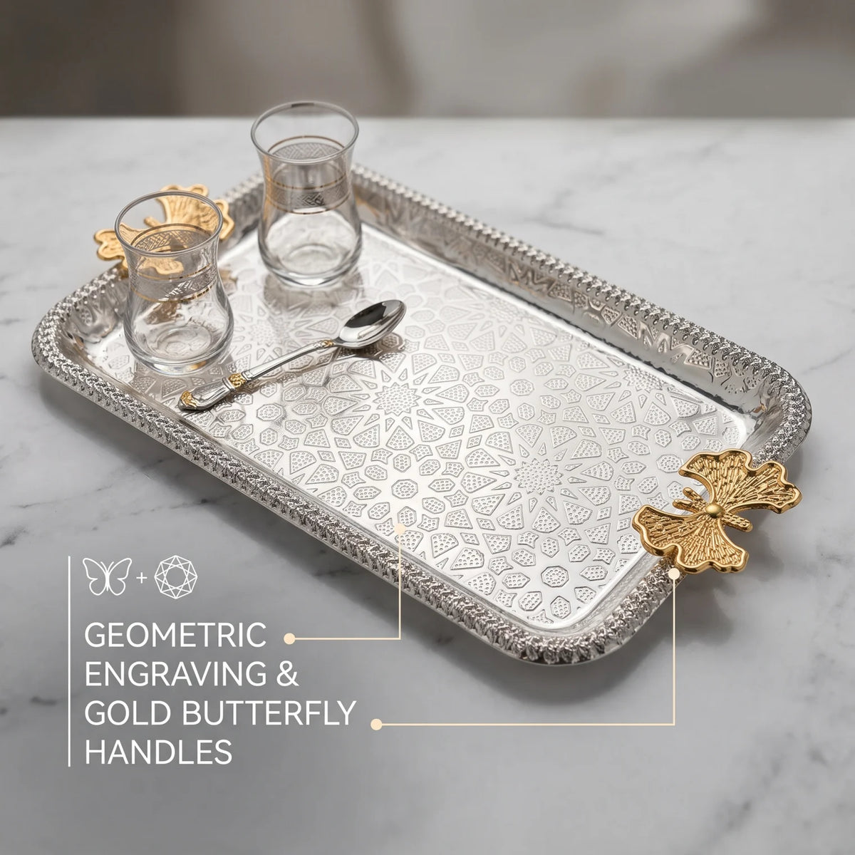 Rectangular Silver-Finished Serving Tray 31 x 17 cm – Geometric Engraving | Gold-Toned Butterfly Handles