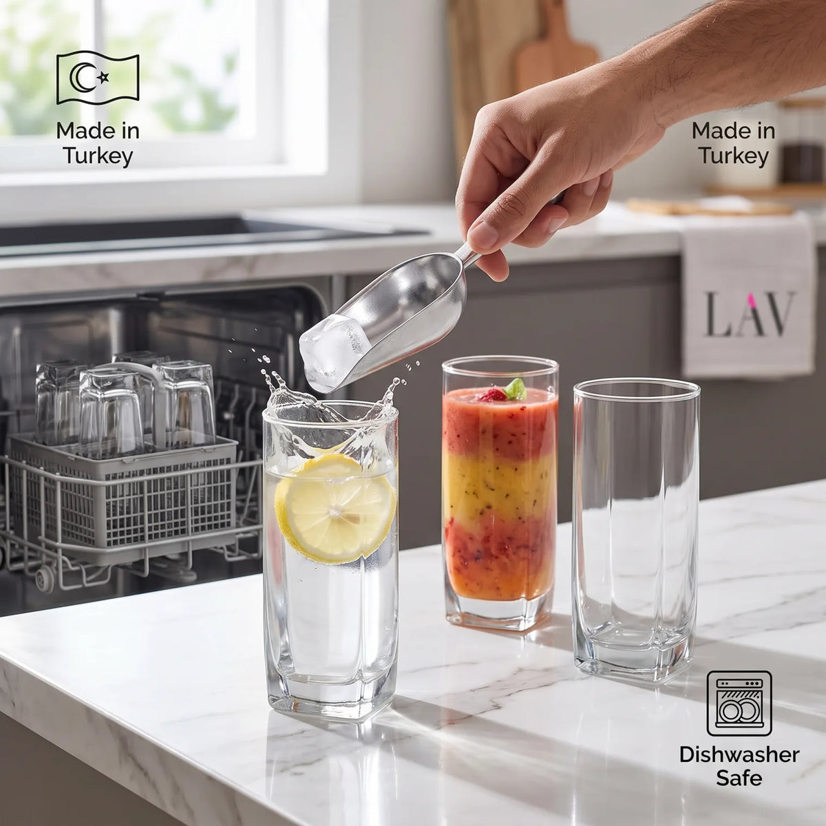 LAV 3 Pieces Glass Set – 330 cc Clear Glass Tumblers, 140 mm Tall, Angular Design, Dishwasher Safe Drinking Glasses Made in Turkey