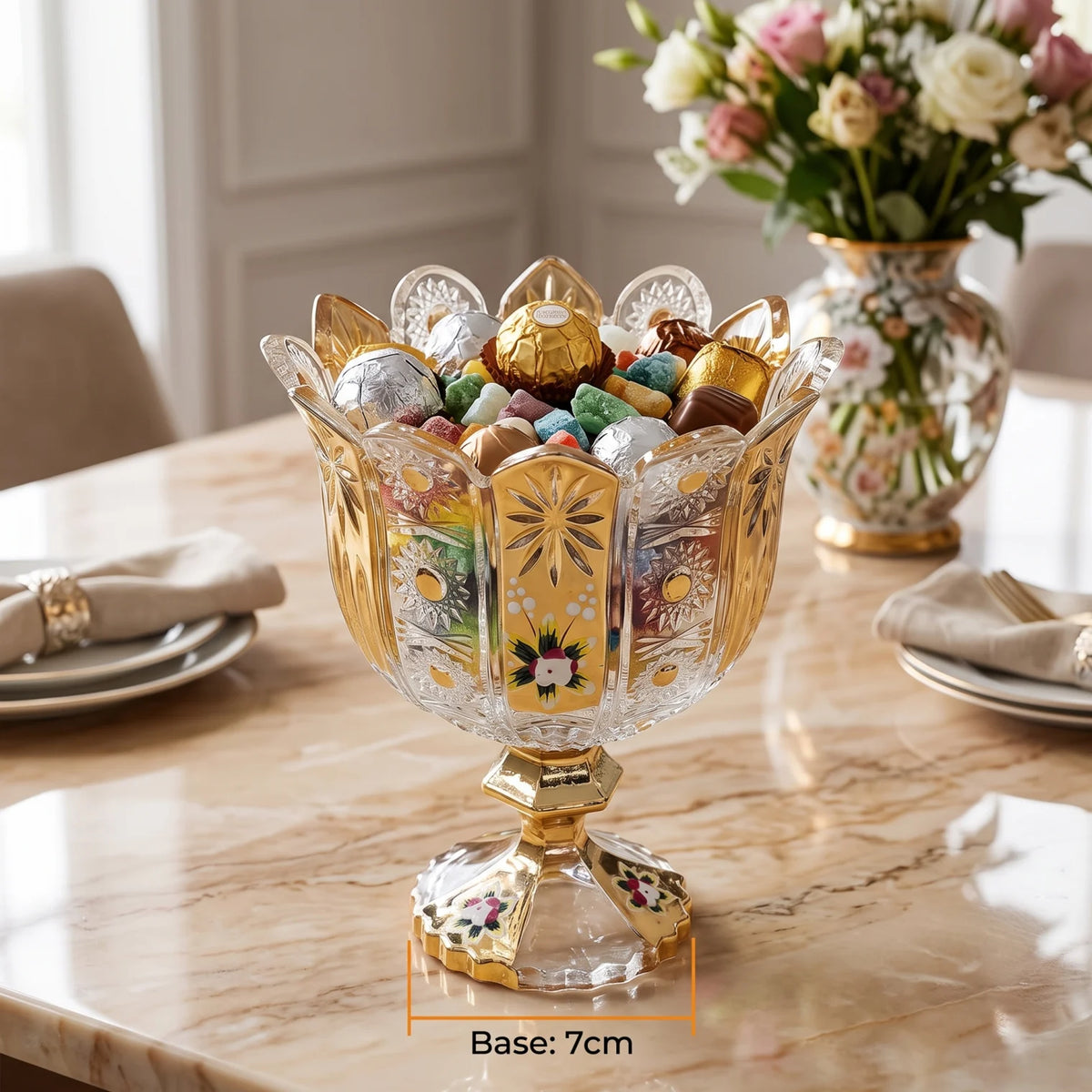 M.E.W Elegant Glass Candy Bowl – 14 cm Gold Panel Design with Raised Floral Enamel, Decorative Sweet Serving Bowl for Candies and Chocolates