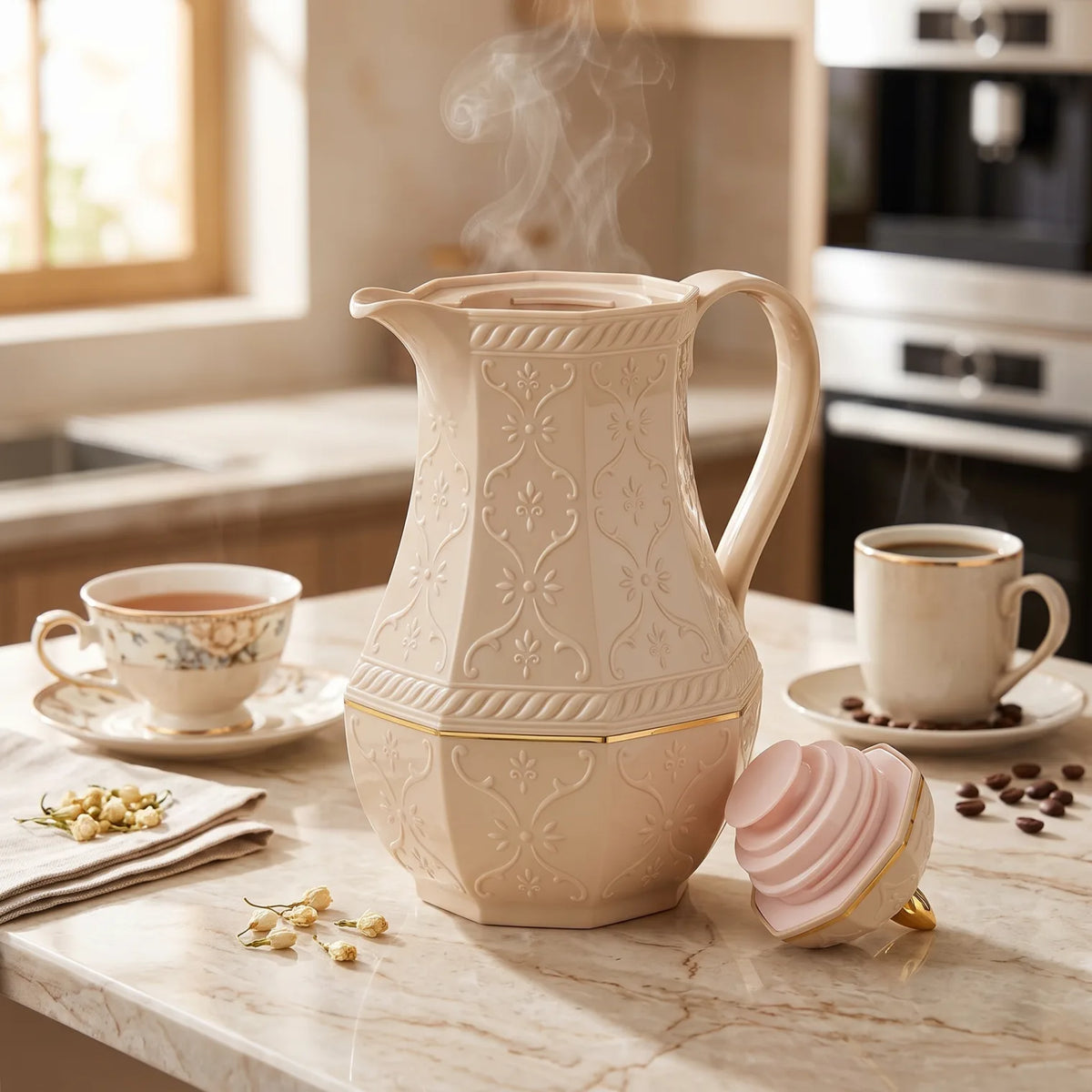 Rose Sand-Beige Premium Vaccum Flask 1.3 Liters – Floral Pattern | Leak Proof | Keeps Tea and Coffee Hot or Cold