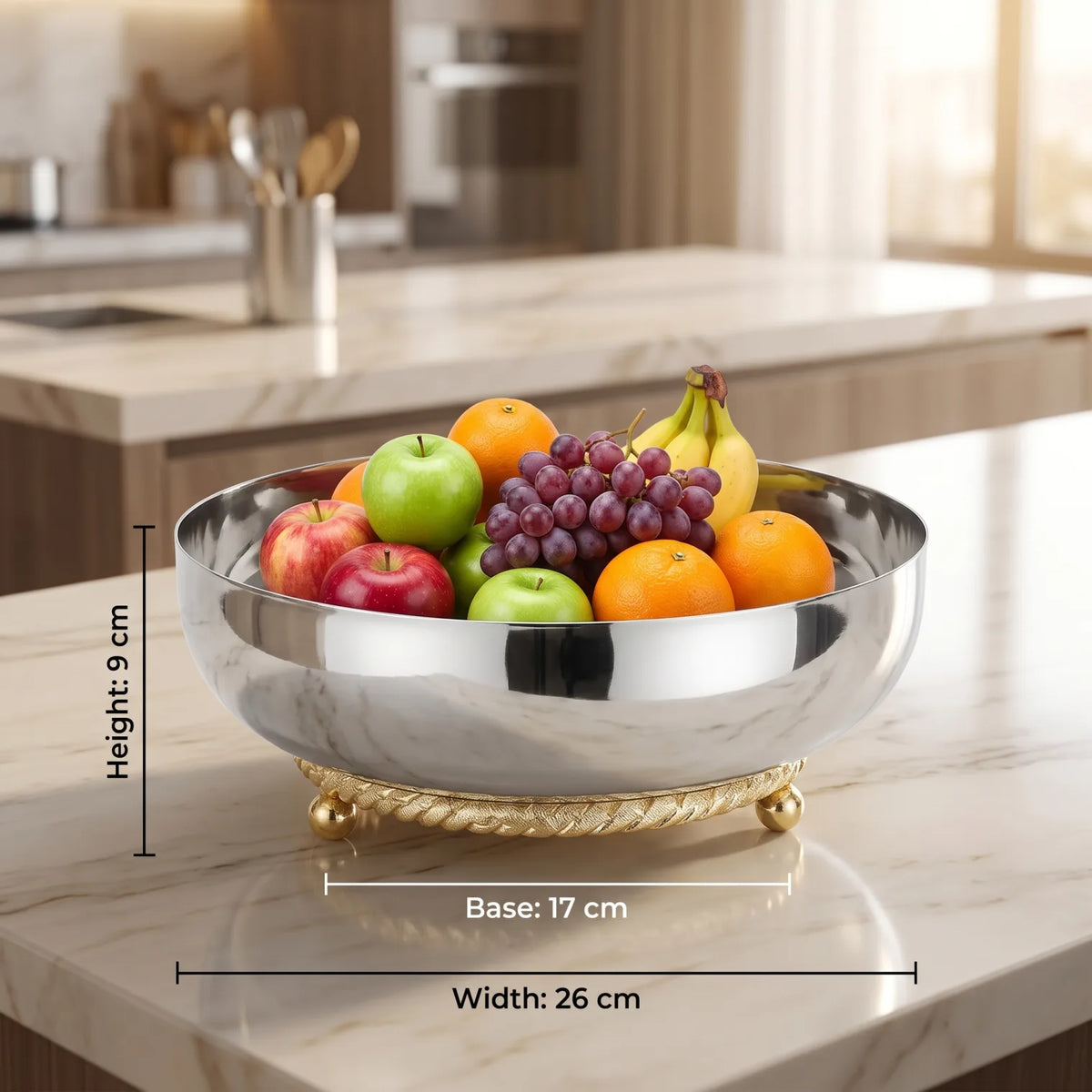 Decorative Silver Metal Fruit Bowl – Ornate Gold-Toned Pedestal Base | Small, Medium or Large Raised Serving Bowl for Fruit, Salads and Centerpieces - Small - Image 3