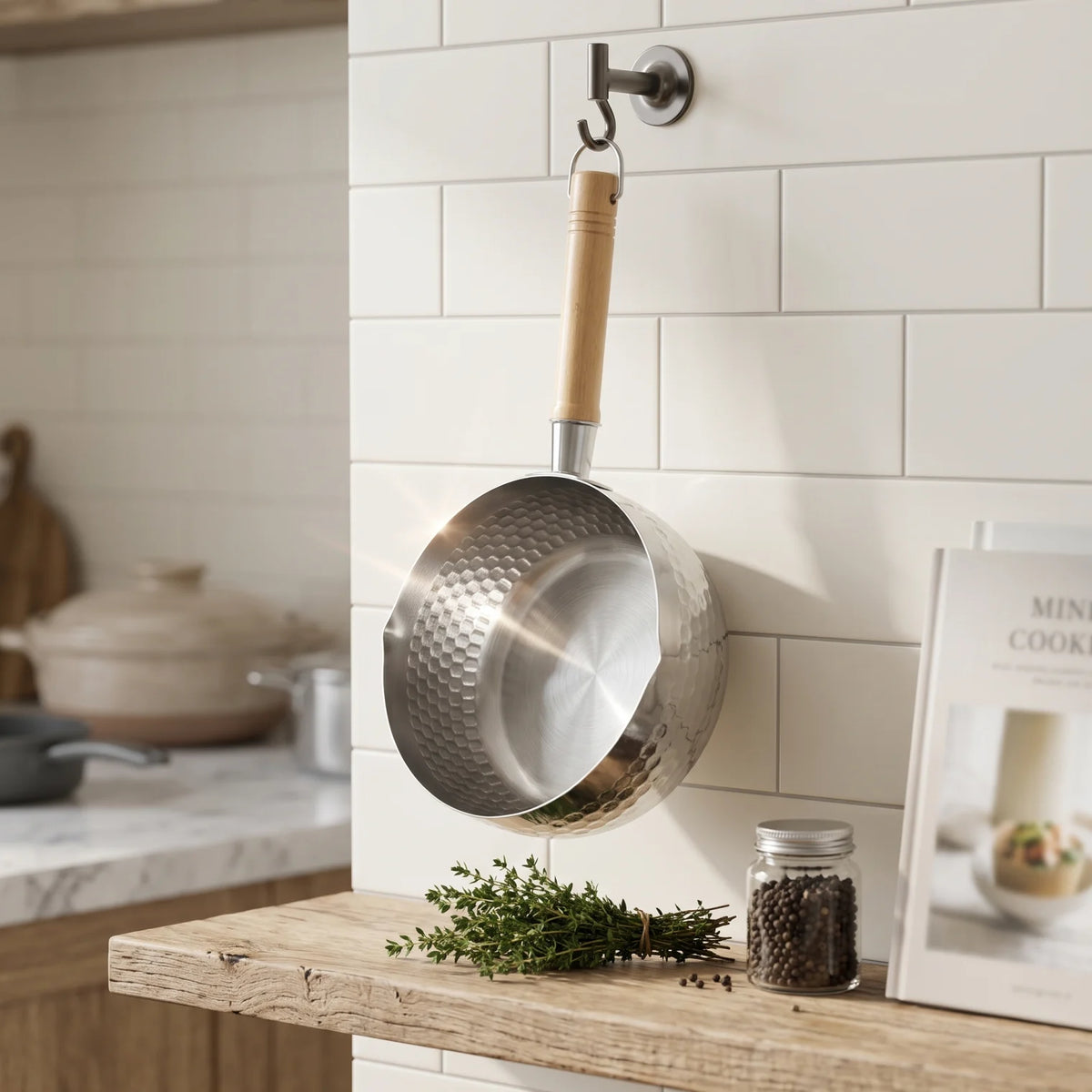 18 CM Stainless Steel Sauce Pan with Wooden Handle and Hanging Loop – Textured Exterior Japanese Cooking Pan