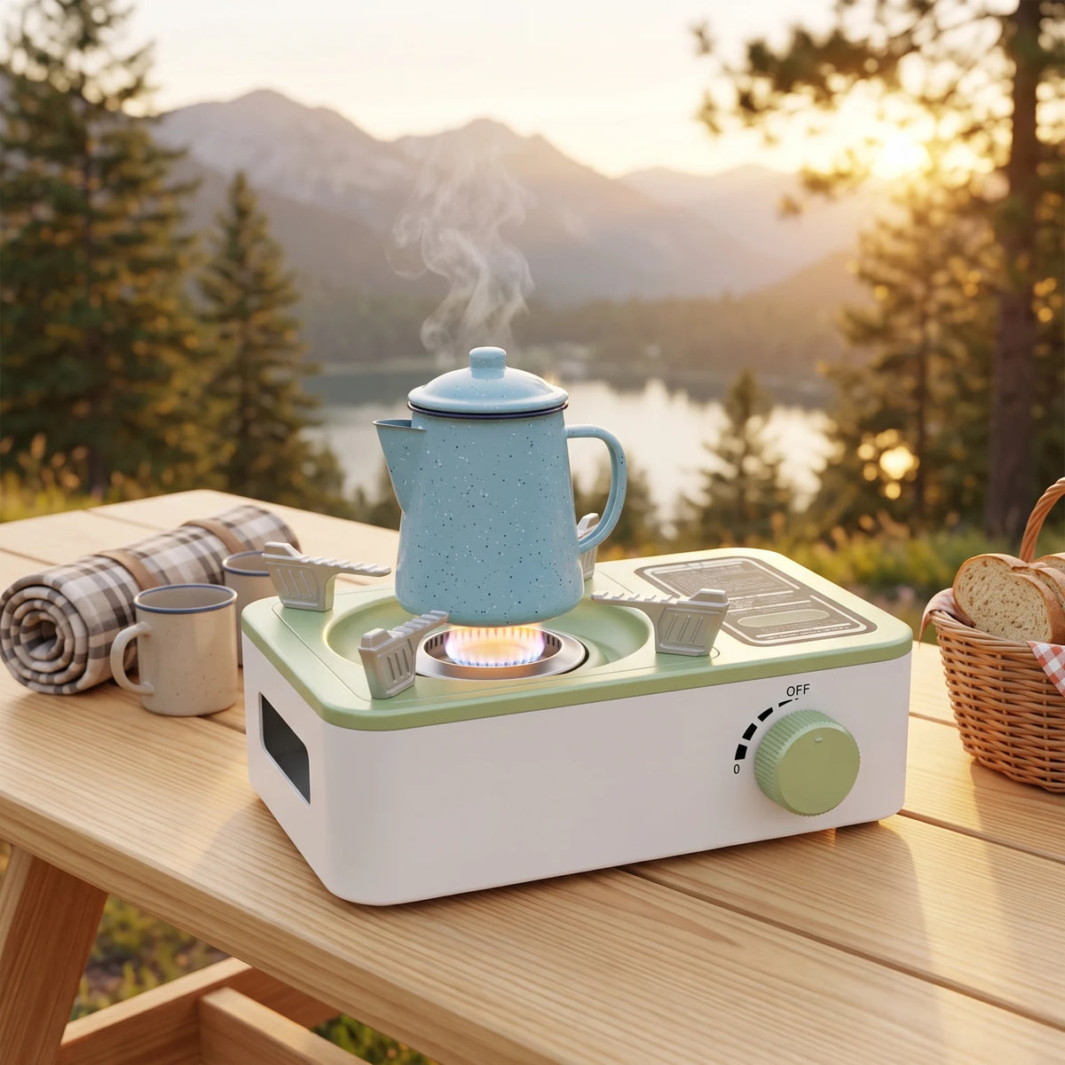 Portable Camping Stove – Single Circular Burner with Removable Pot Supports for Outdoor and Indoor Cooking, White and Light Green