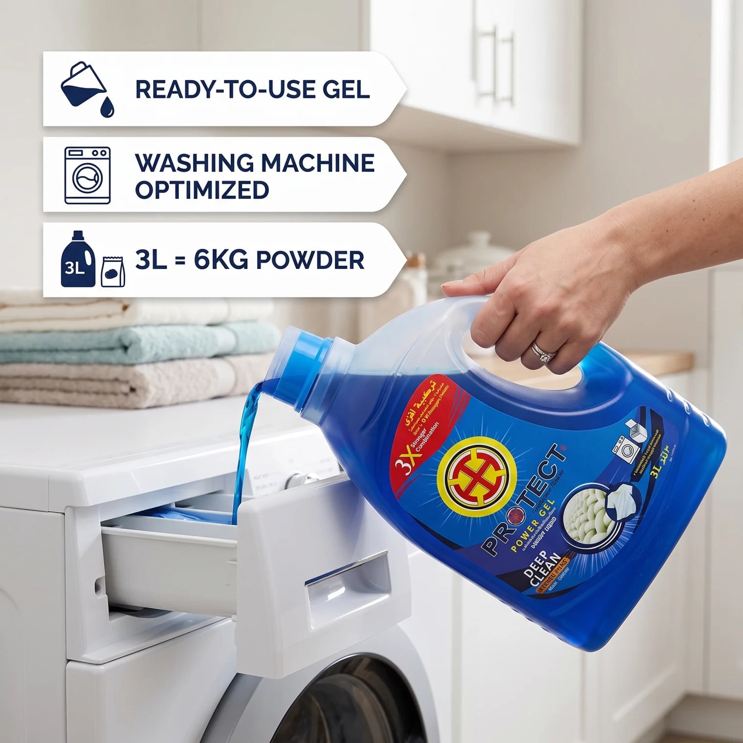 Protect Power Gel Laundry Liquid 3L – Deep Clean Power Plus | Color Guard | Washing Machine Laundry Detergent