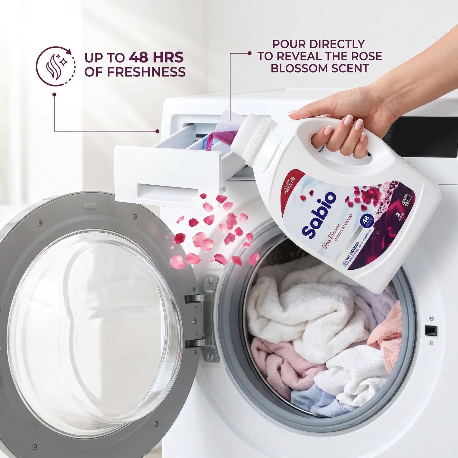 Sabio Liquid Detergent Rose Blossom – 2 Liters | 10X Power for Tough Stain Removal | 48 Hours of Freshness | Liquid Cleaning