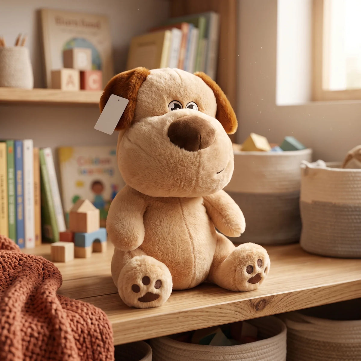 Plush Dog Toy Stuffed Animal – 45 cm Height x 30 cm Width | Seated Beige Dog with Soft Plush Fabric, Floppy Brown Ears and Embroidered Details