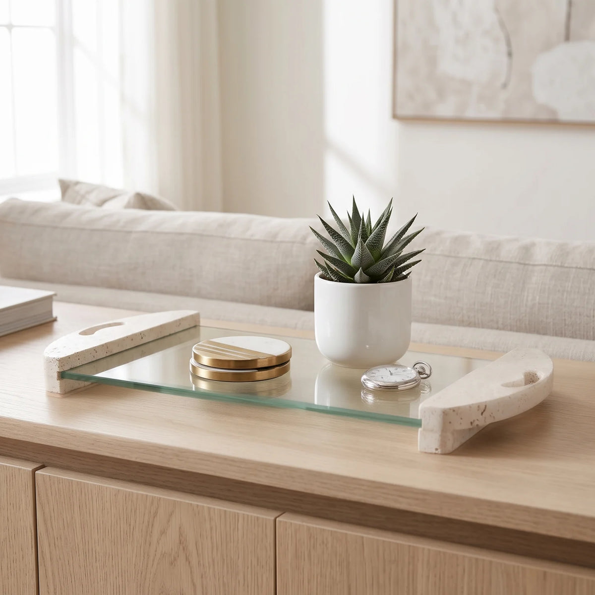 Glass Stand with Marble Legs and Hands – 4 × 22 × 48 cm | White Display Unit